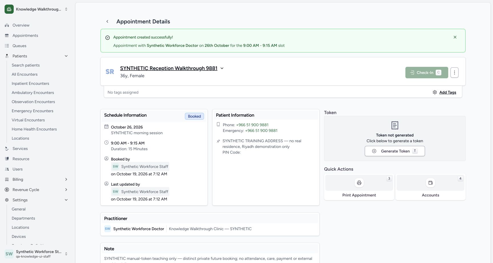 Verify the saved Booked appointment without a token. Actual fictional MANSOQ teaching.