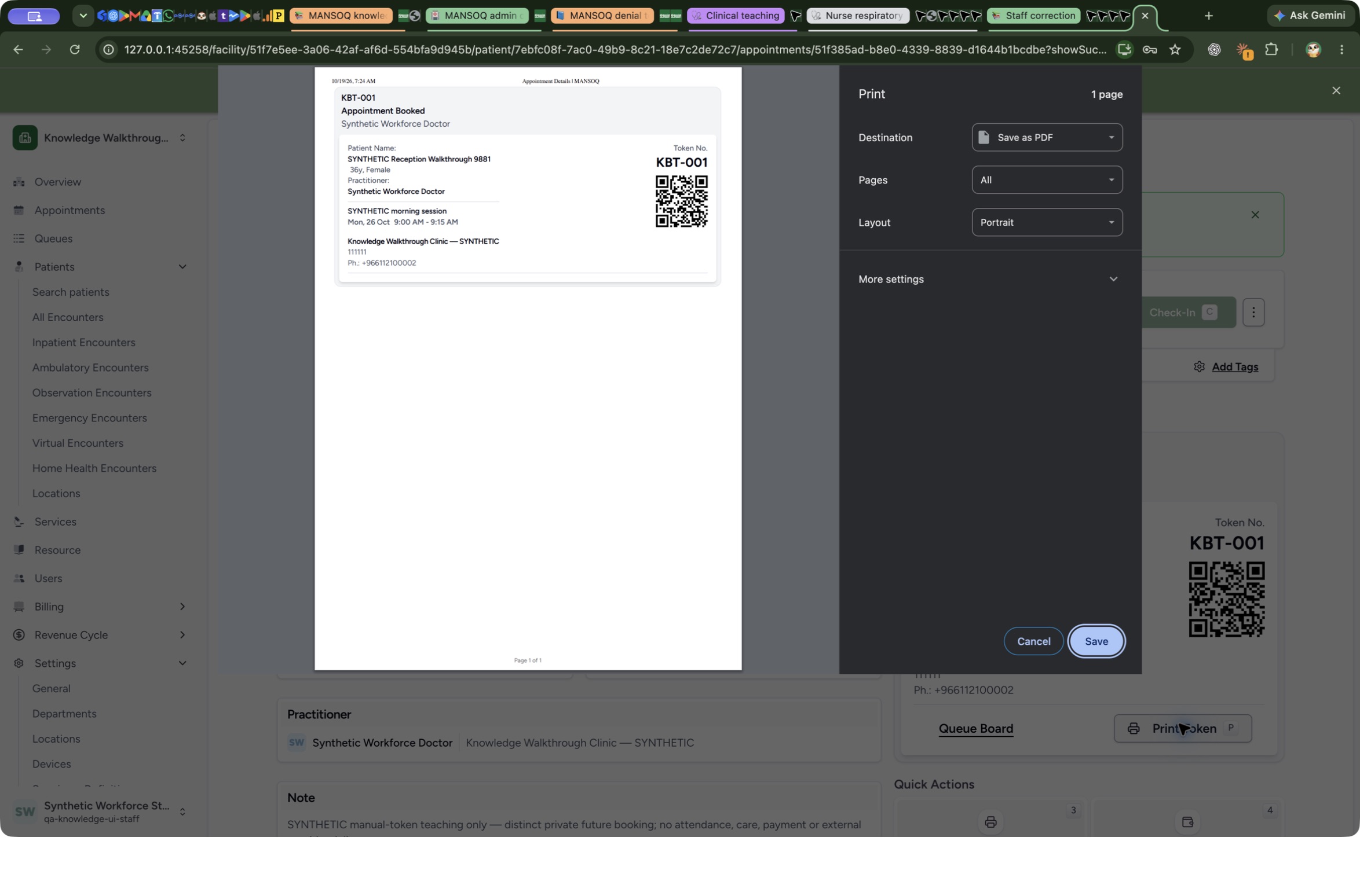 Review the clean native Chrome token Print preview. Actual fictional MANSOQ teaching.