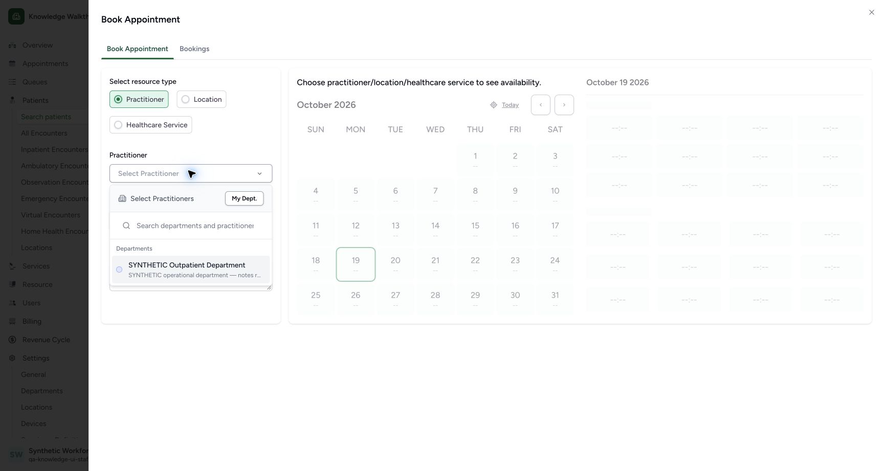Choose the existing department in the actual read-only reopened MANSOQ Practitioner picker.