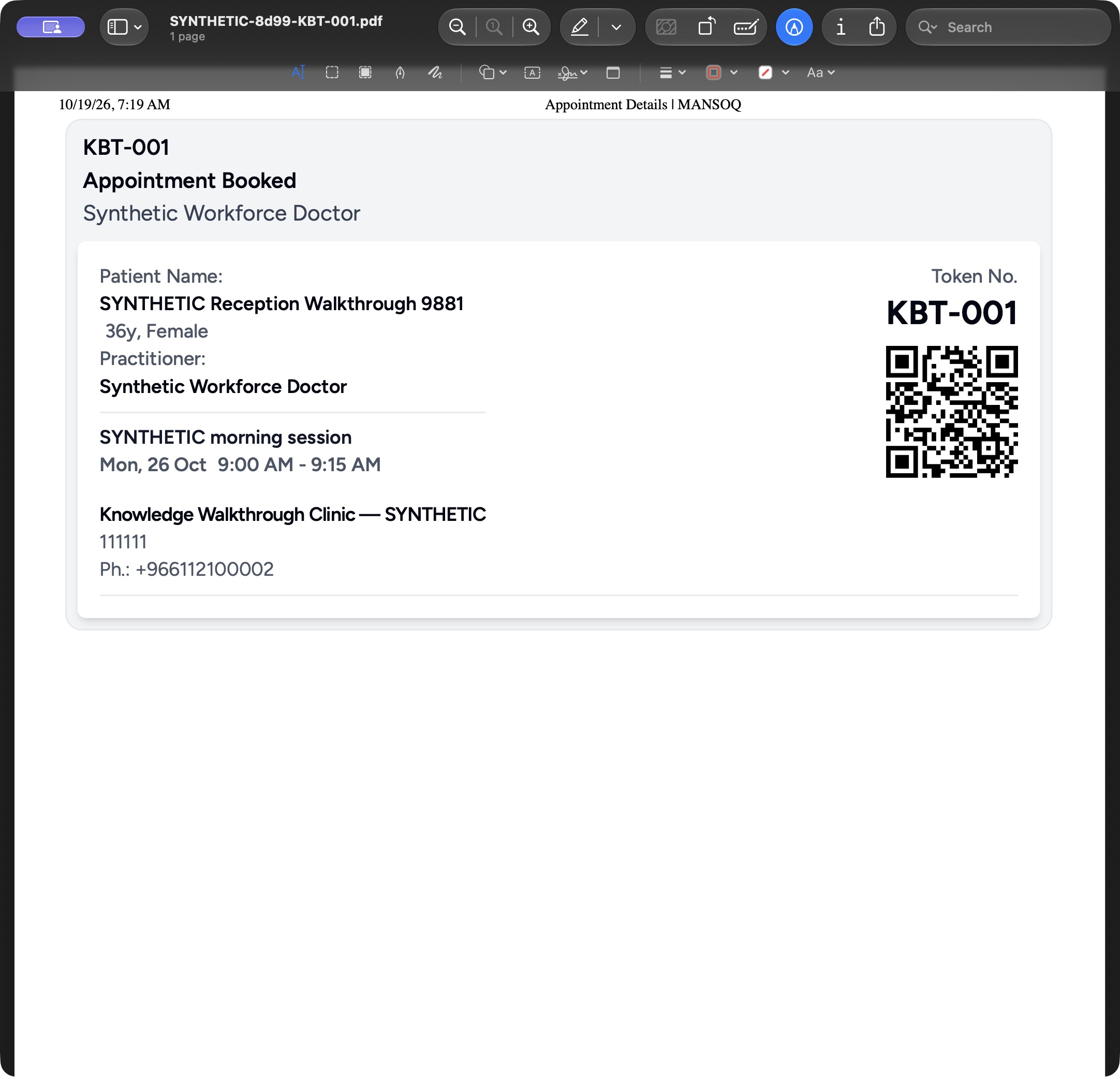 Actual saved token PDF opened read-only in macOS Preview, showing its filename, one page and retained synthetic token details.