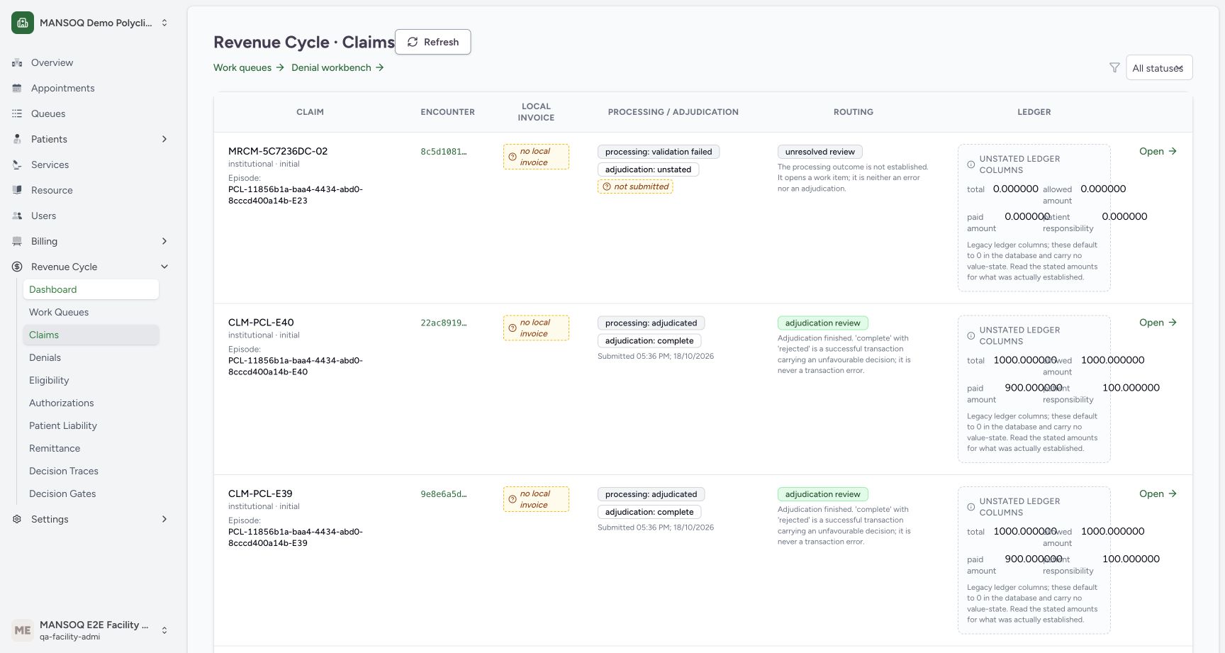 Claim workbench with All statuses. Genuine MANSOQ screen with fictional local training records.