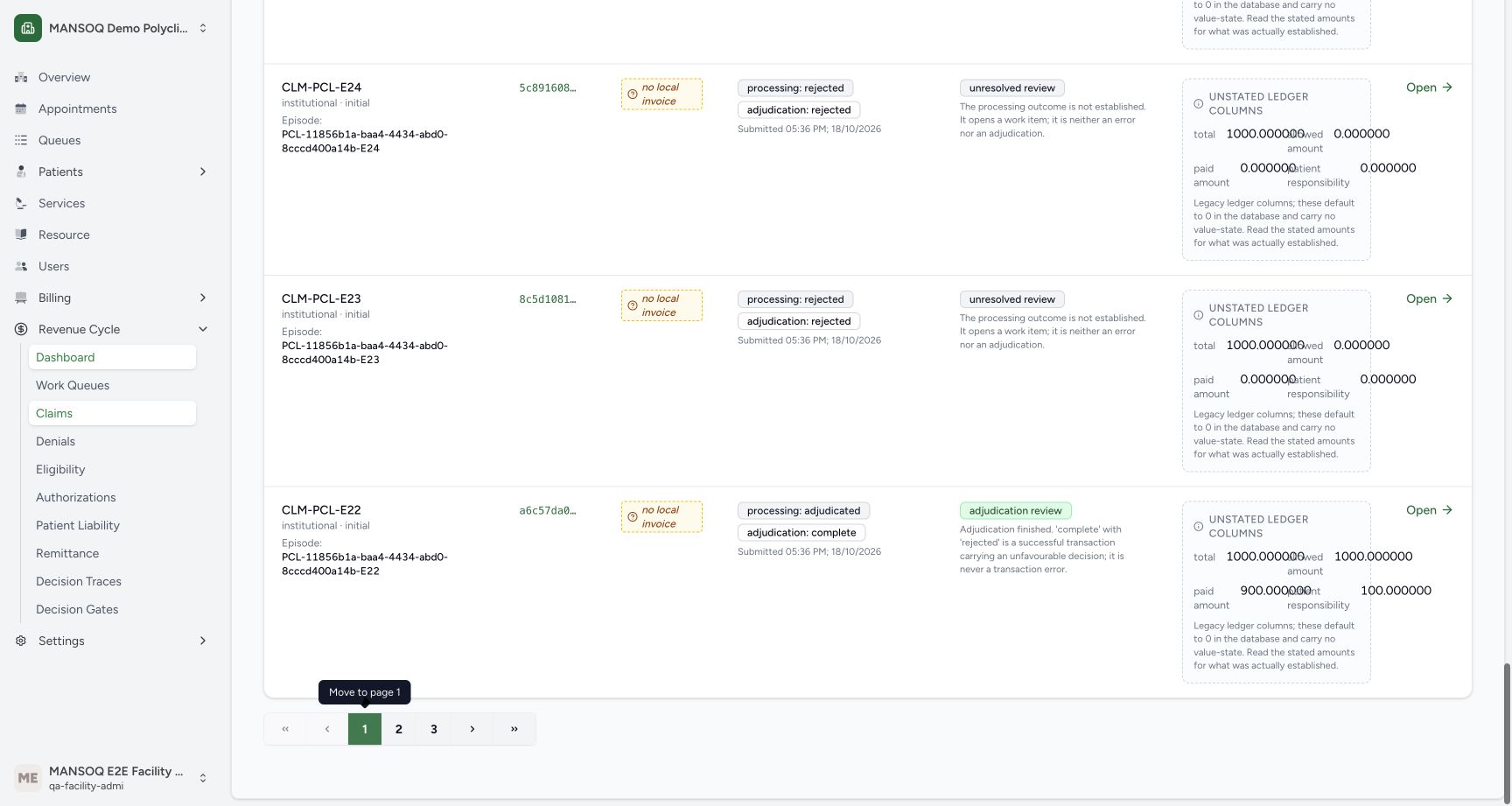 Claim pagination at the end of page one. Genuine MANSOQ screen with fictional local training records.
