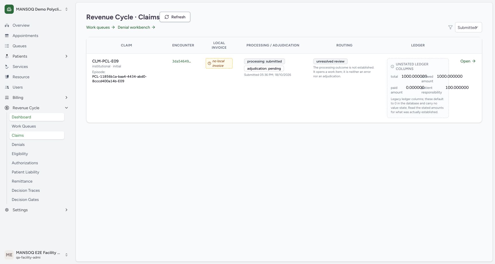 Claims filtered to Submitted. Genuine MANSOQ screen with fictional local training records.