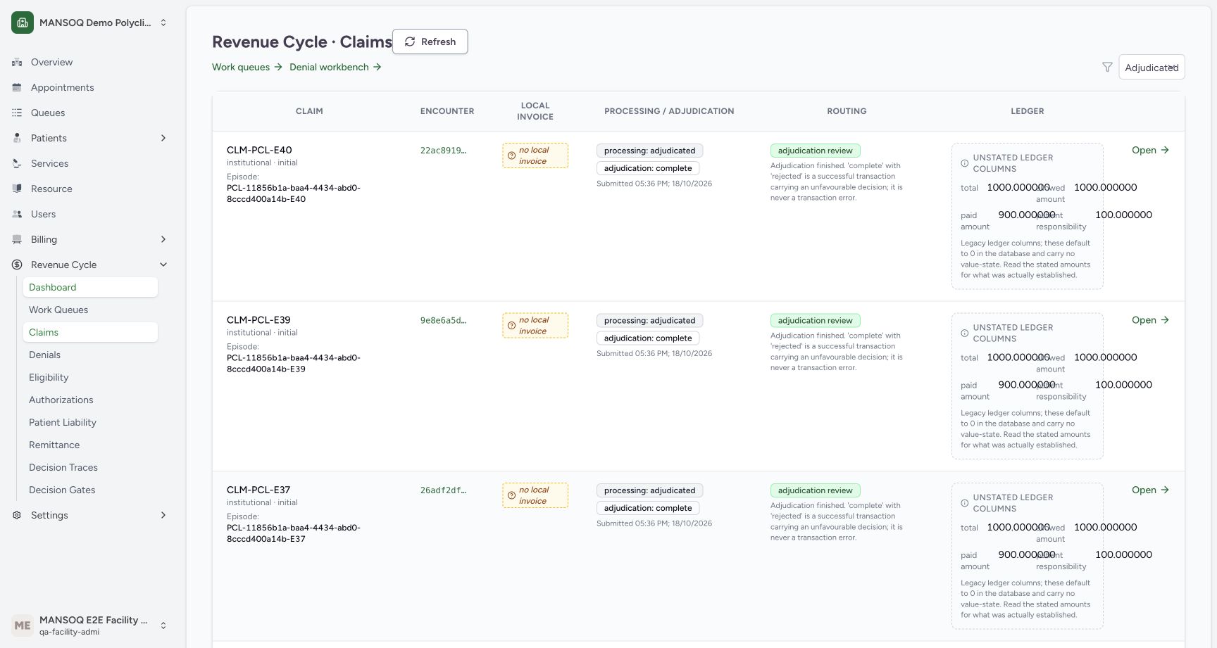 Claims filtered to Adjudicated. Genuine MANSOQ screen with fictional local training records.