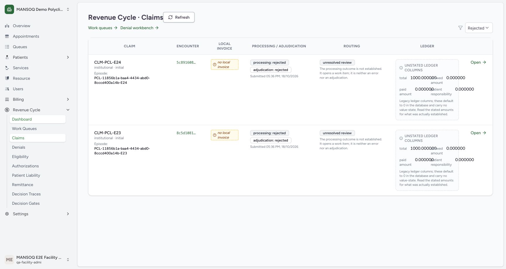 Claims filtered to Rejected. Genuine MANSOQ screen with fictional local training records.