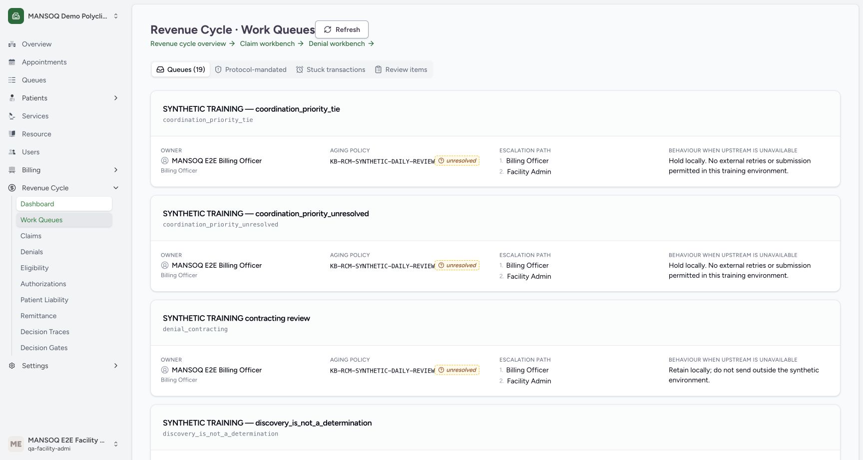 Configured synthetic work queues. Genuine MANSOQ screen with fictional local training records.