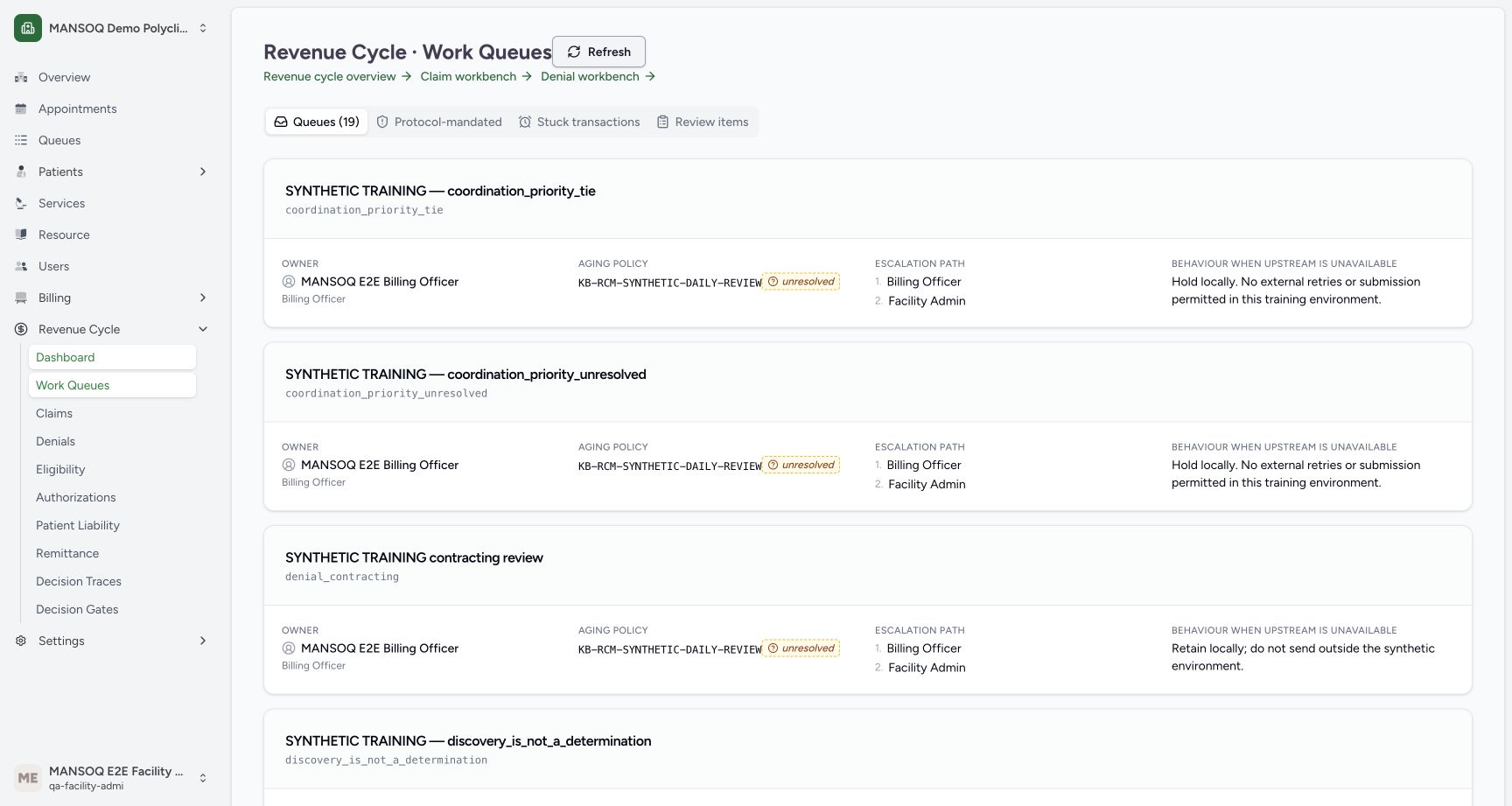 Queue definitions after Refresh. Genuine MANSOQ screen with fictional local training records.