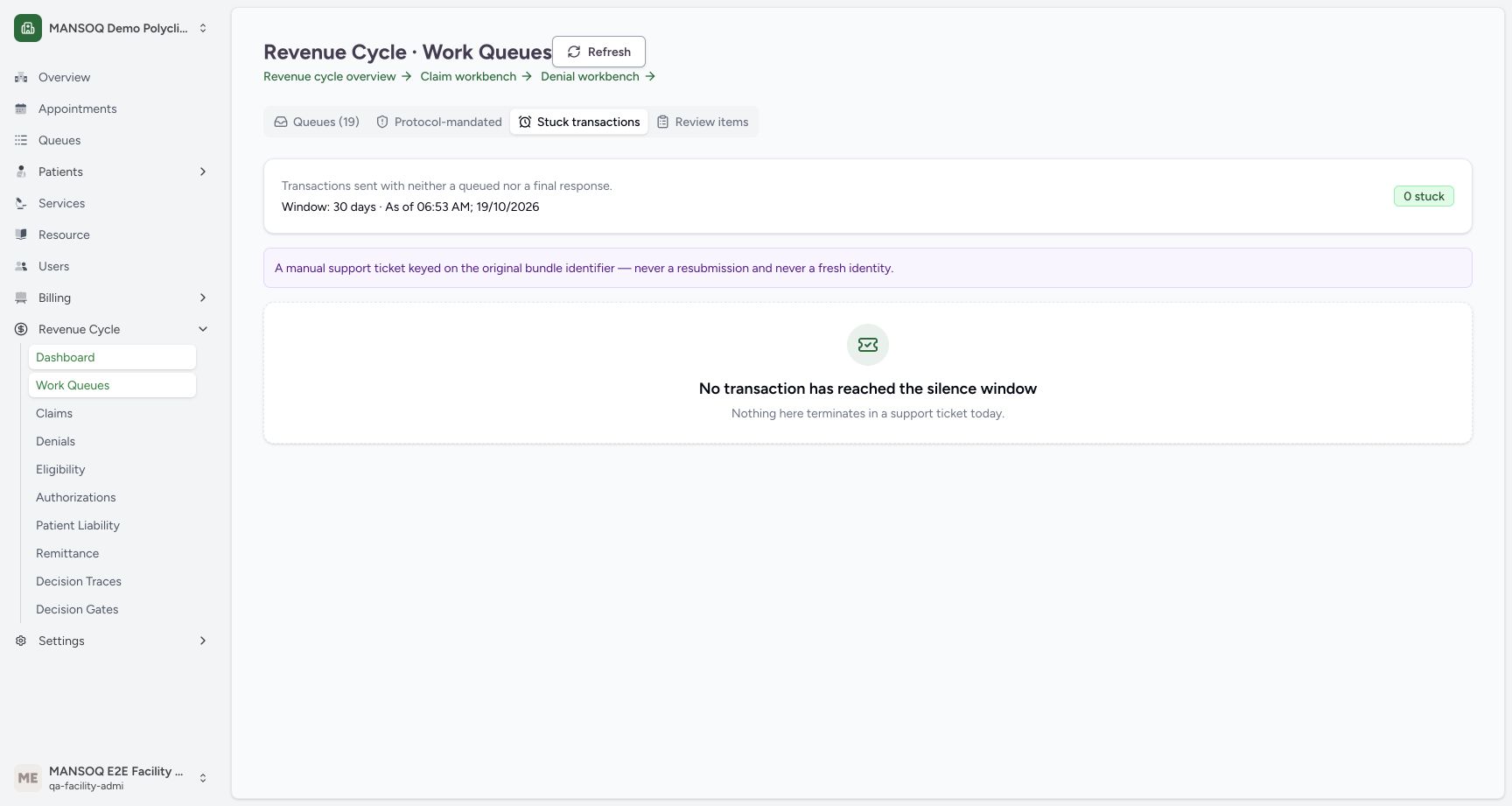 Stuck-transaction report with no matching rows. Genuine MANSOQ screen with fictional local training records.