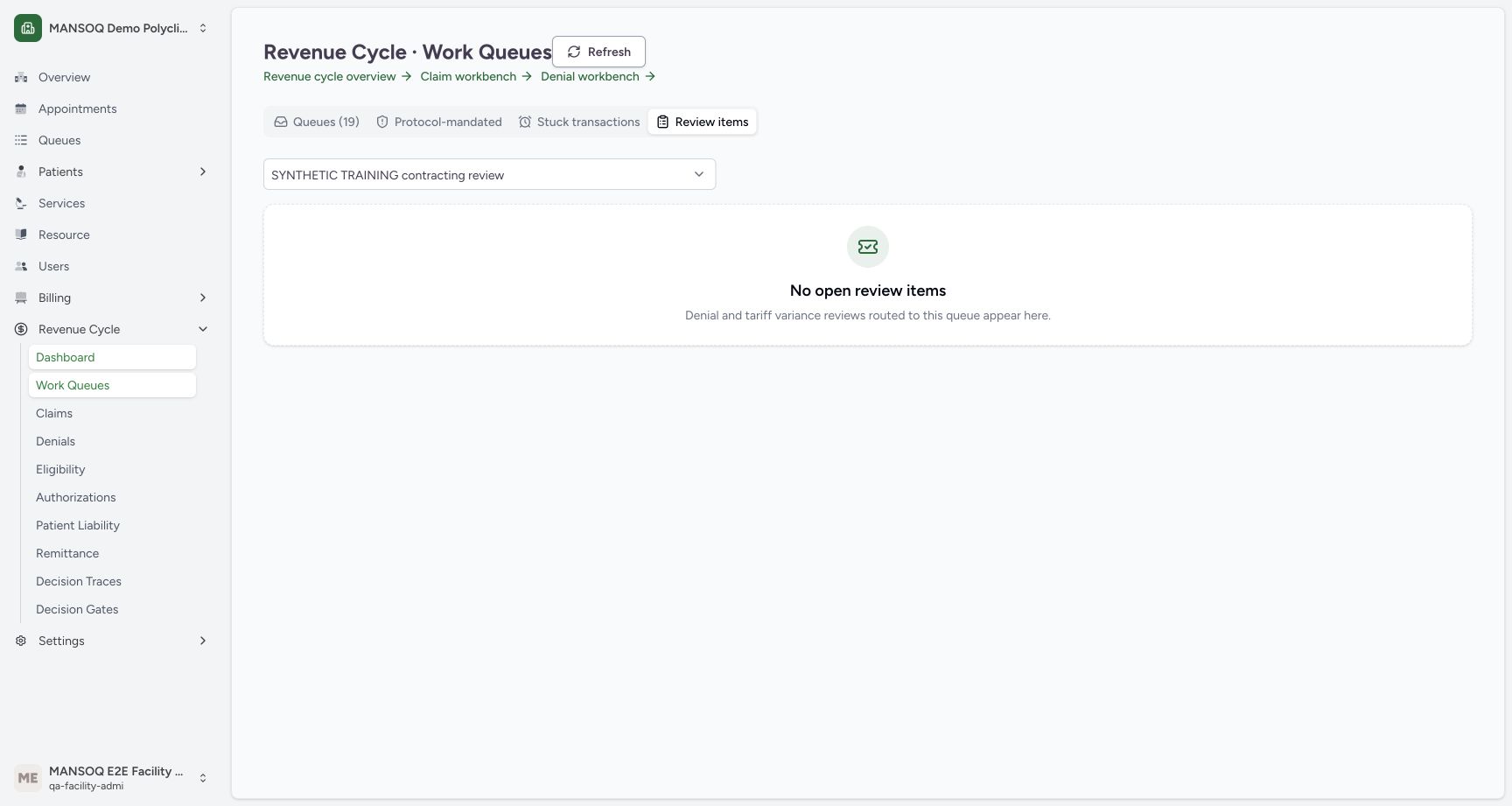 Selected contracting-review queue is empty. Genuine MANSOQ screen with fictional local training records.