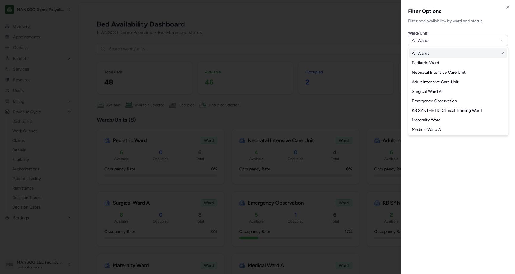 Choose a ward from the actual list. Genuine MANSOQ screen with fictional local training records.