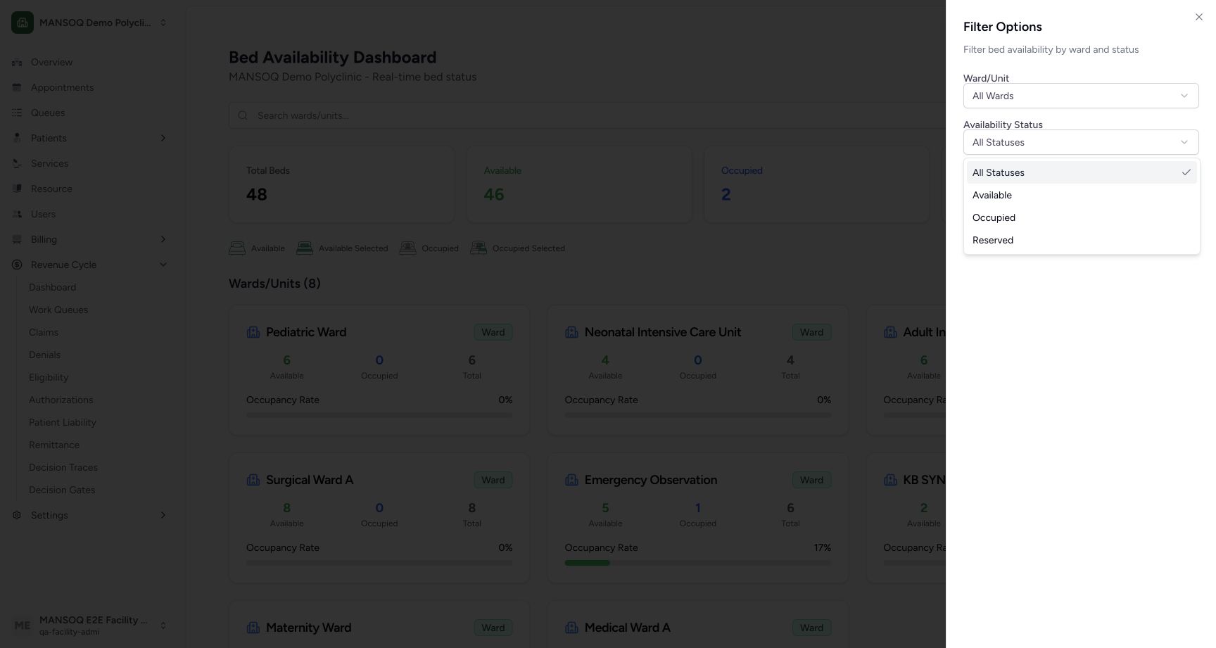 Actual availability filter choices. Genuine MANSOQ screen with fictional local training records.