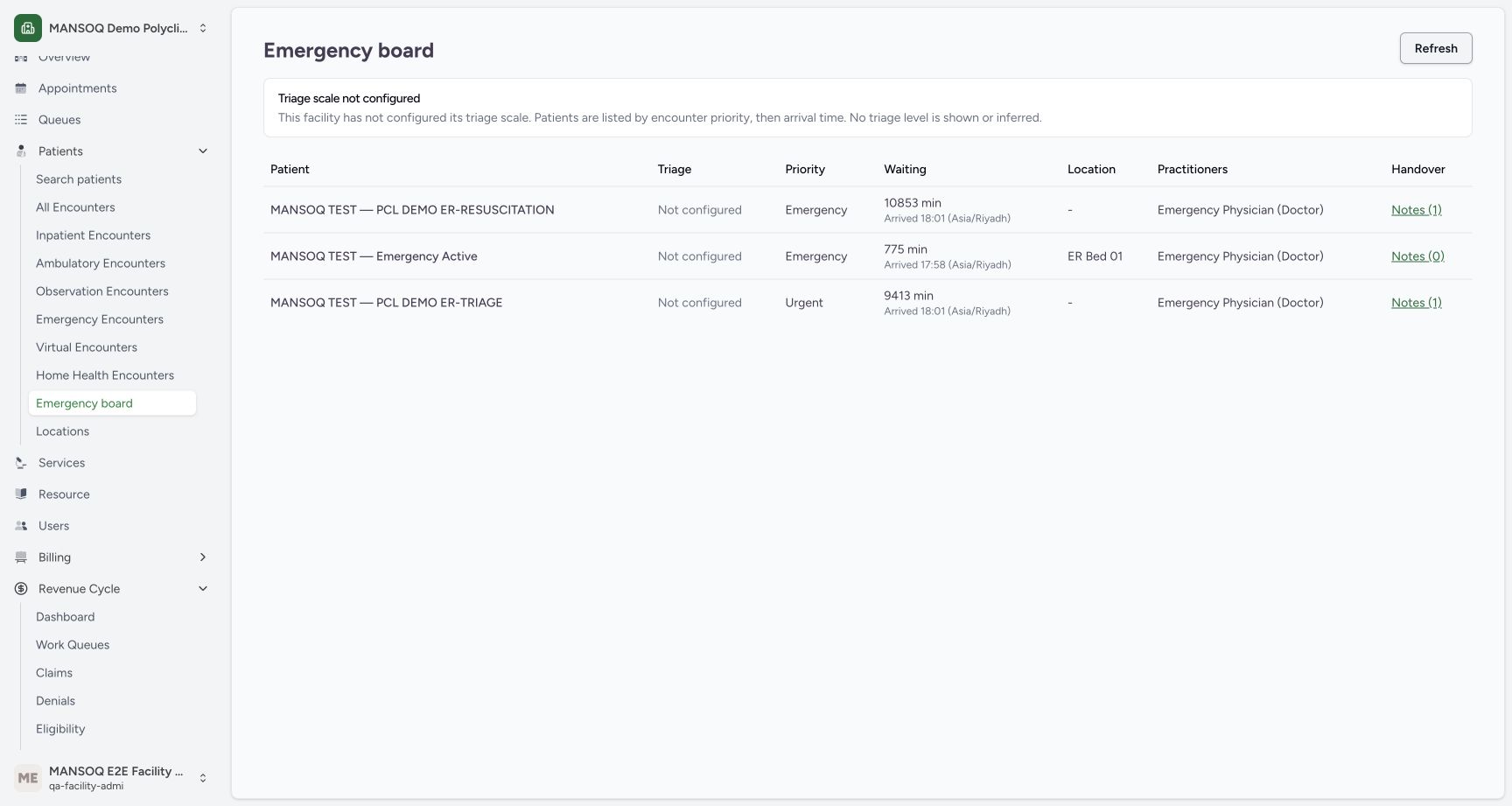 Emergency board after Refresh. Genuine MANSOQ screen with fictional local training records.