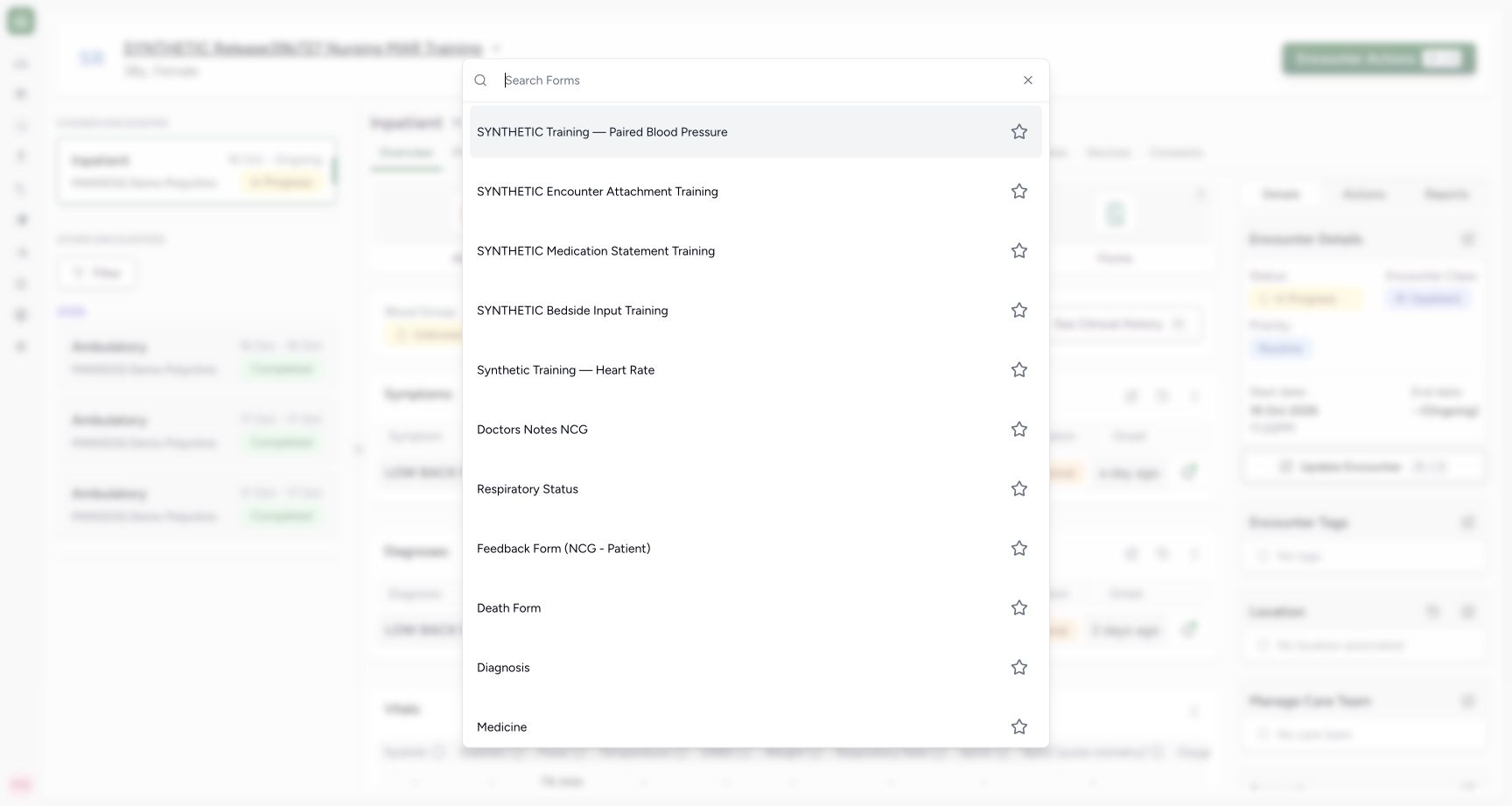 Select the configured synthetic paired form. Genuine 1728 by 921 MANSOQ desktop, existing Nurse on an explicitly fictional Polyclinic inpatient case.