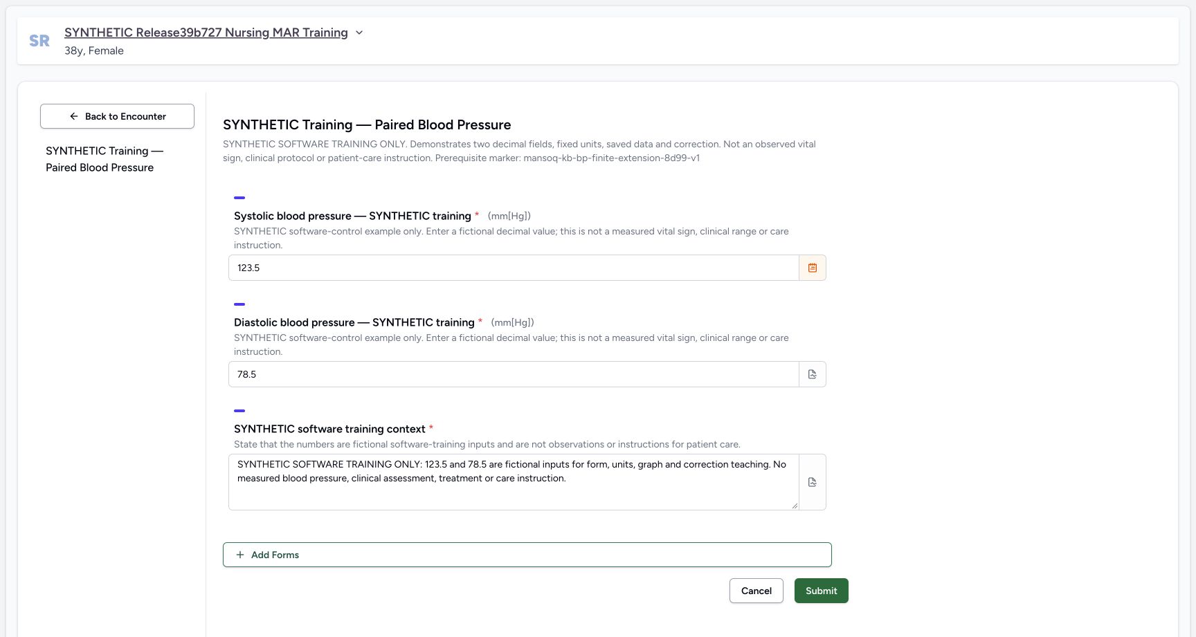 Review the completed form before one submission. Genuine 1728 by 921 MANSOQ desktop, existing Nurse on an explicitly fictional Polyclinic inpatient case.