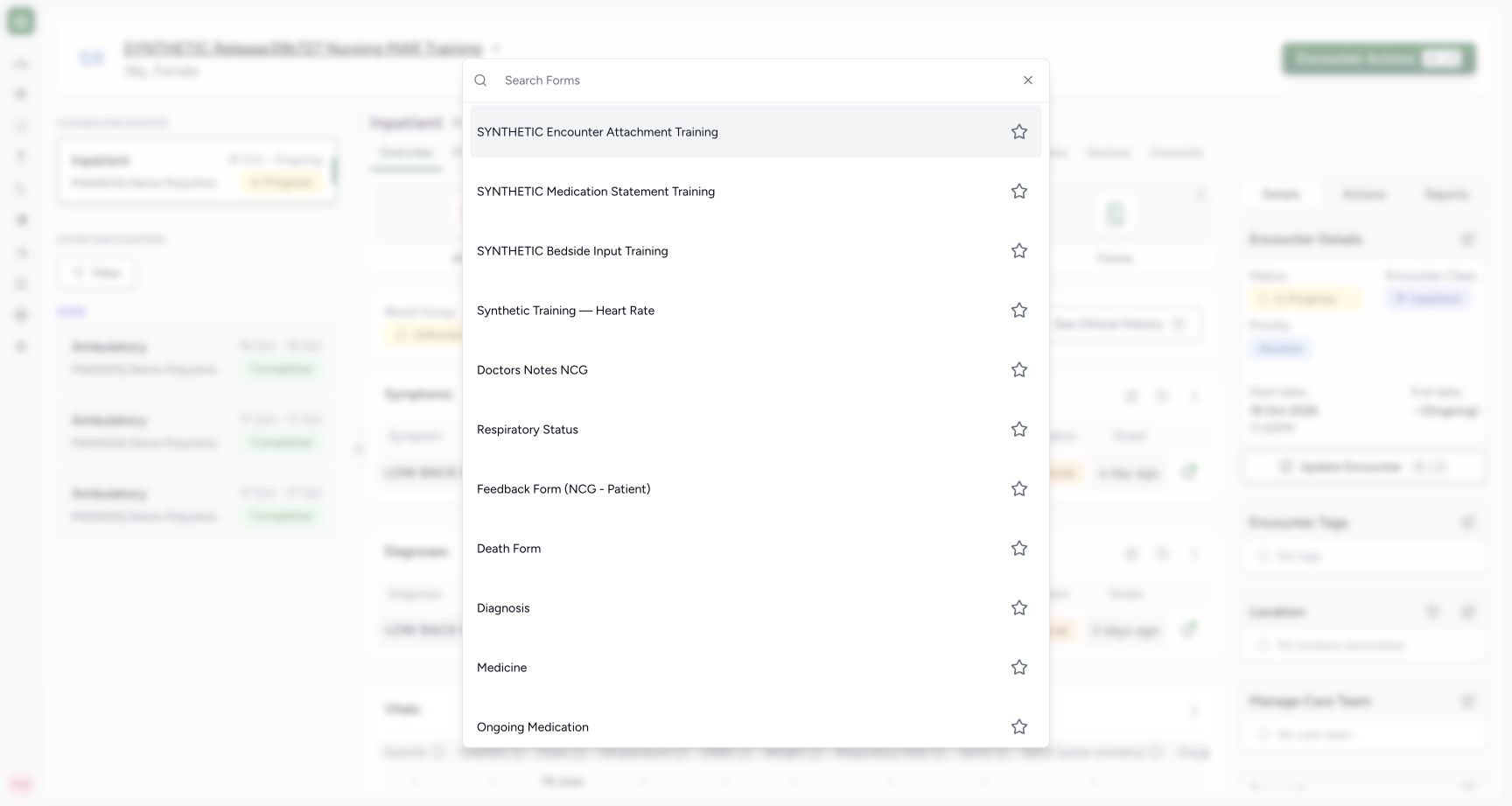 Choose the configured synthetic Heart Rate form. Actual MANSOQ wide desktop with a fictional training case.