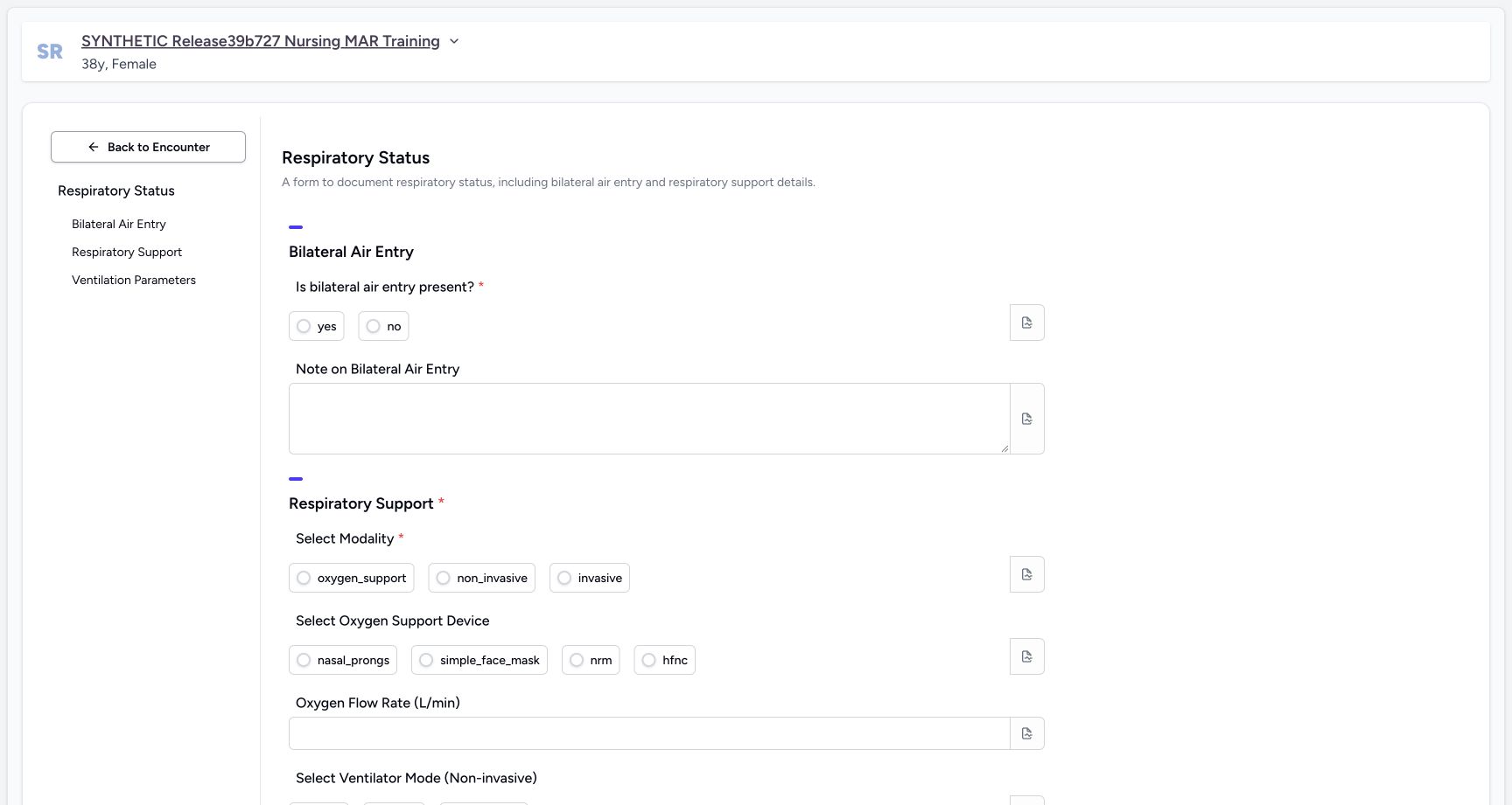 Inspect required choices and optional note fields. Actual MANSOQ wide desktop with a fictional training case.