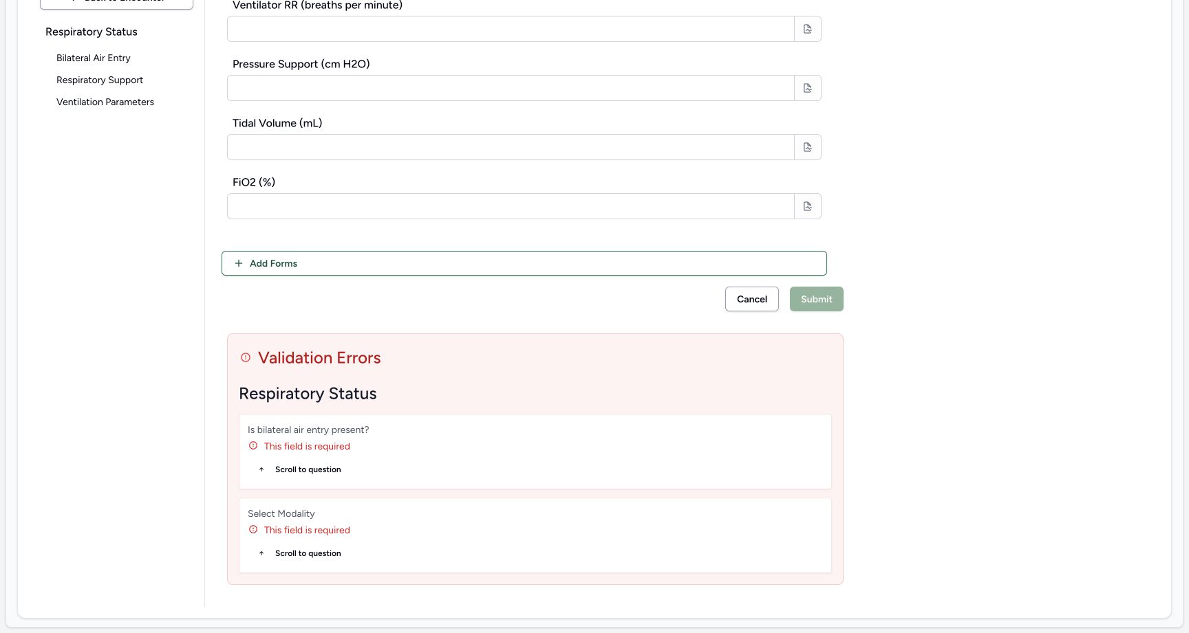 Use validation summary links to return to missing questions. Actual MANSOQ wide desktop with a fictional training case.
