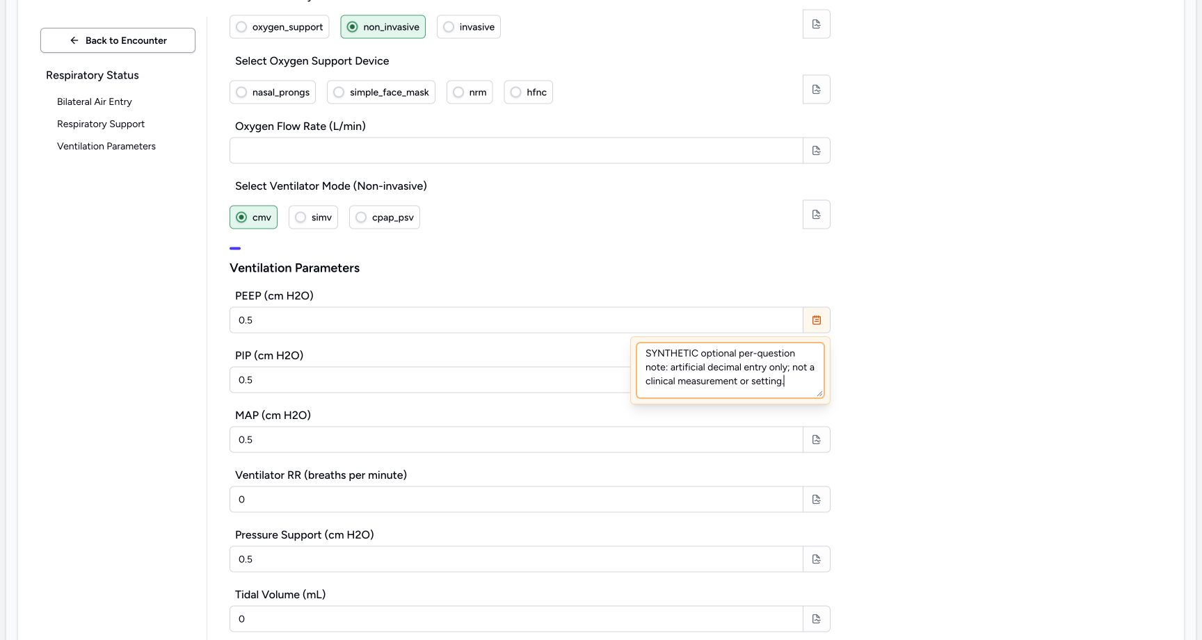 Attach an optional note to one numeric answer. Actual MANSOQ wide desktop with a fictional training case.