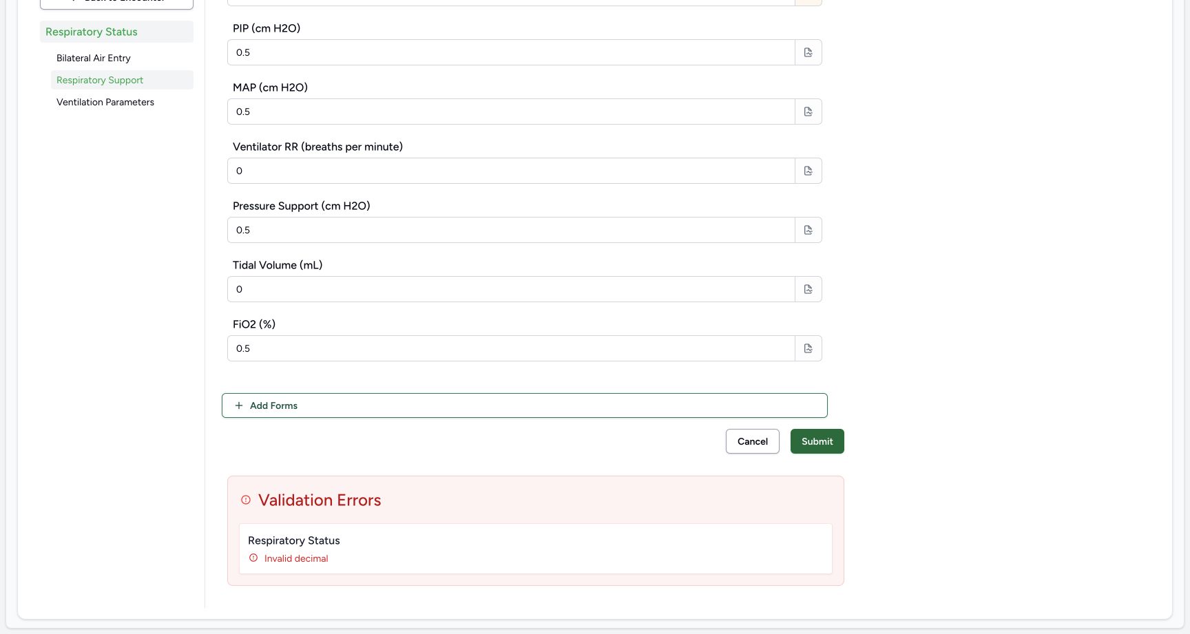 Retry once after correcting the decimal input. Actual MANSOQ wide desktop with a fictional training case.
