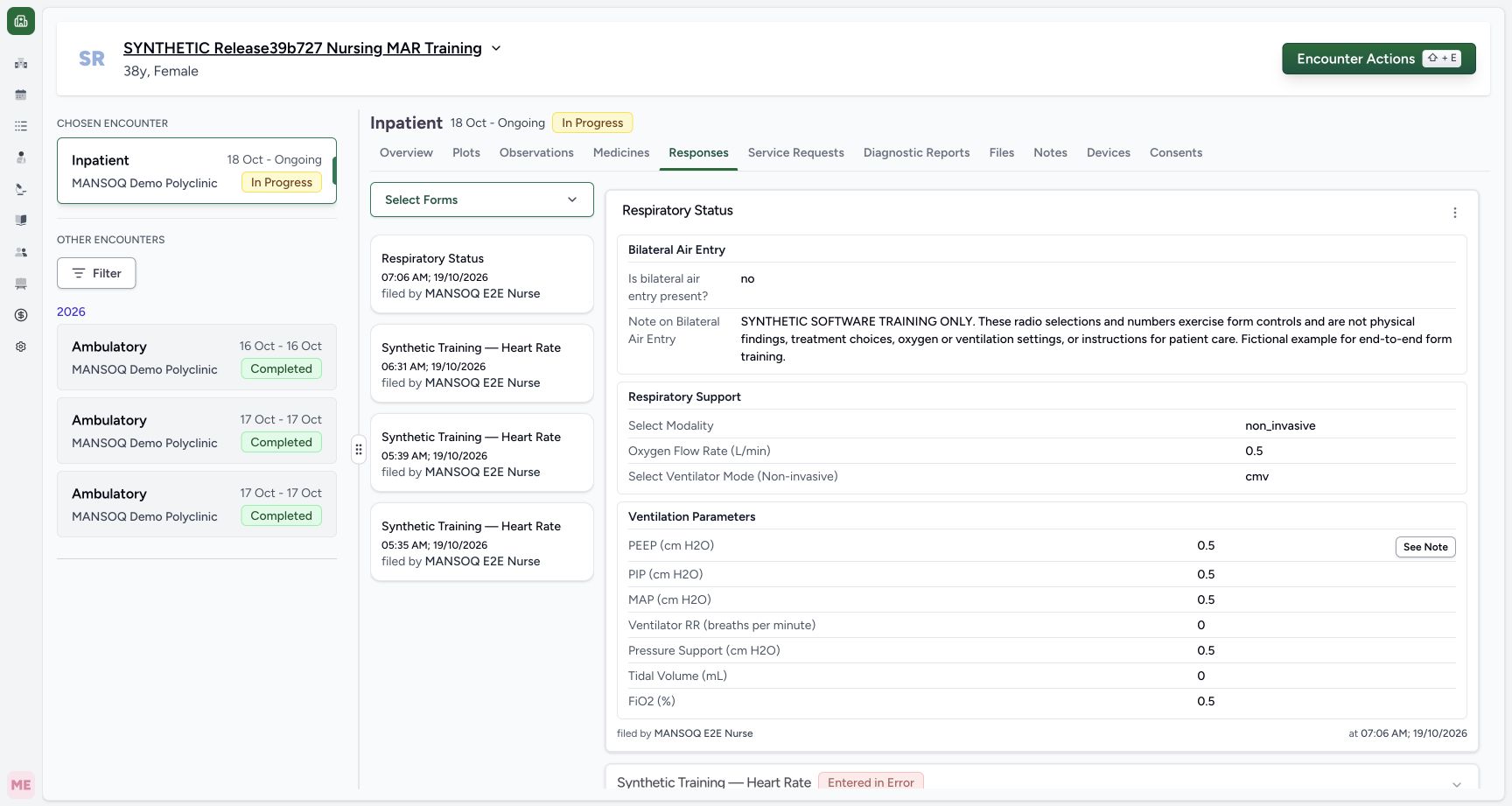 Inspect every saved answer group, zero values and author time. Actual MANSOQ wide desktop with a fictional training case.