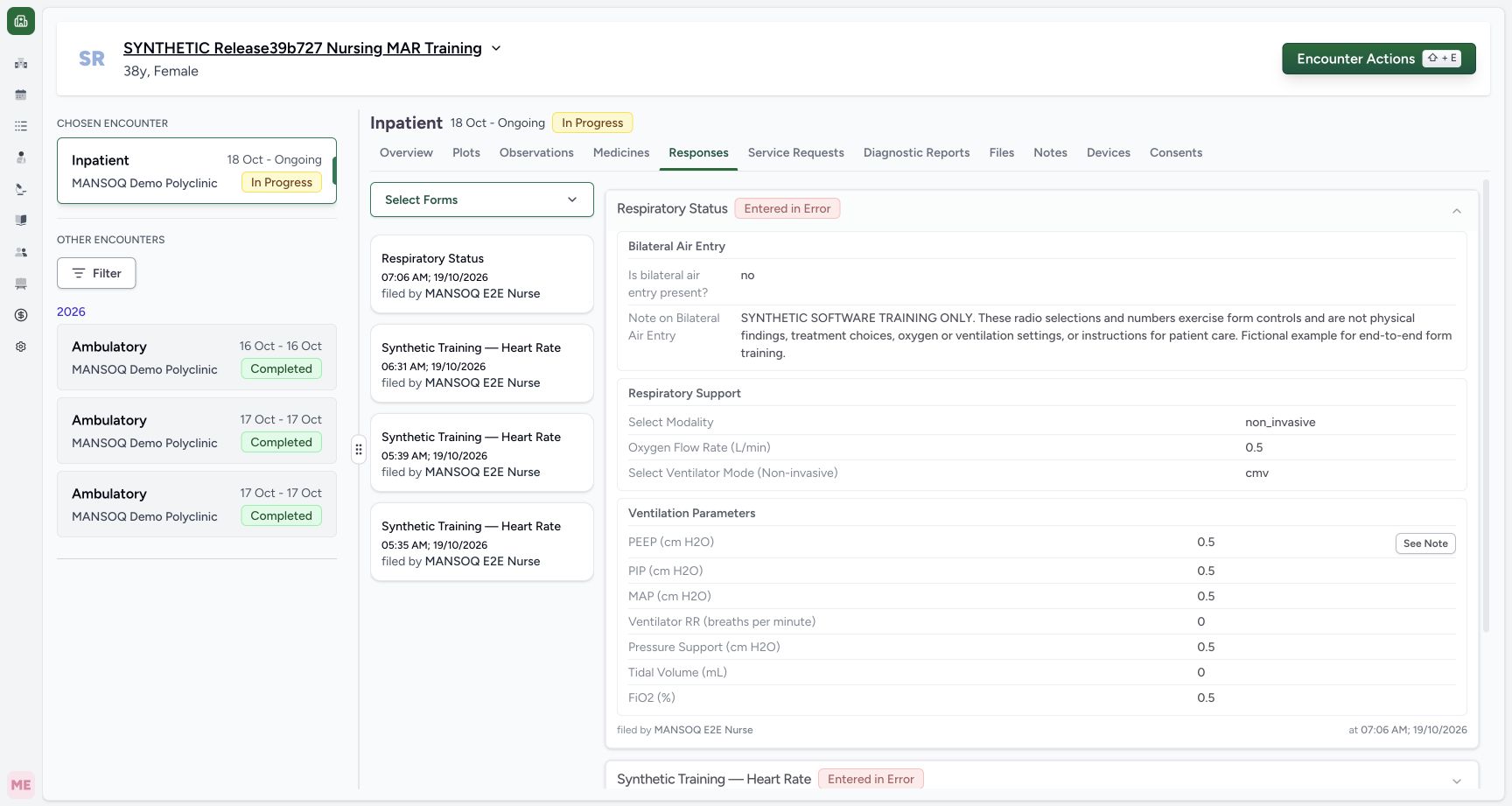 Inspect the reopened retained answer history. Actual MANSOQ wide desktop with a fictional training case.