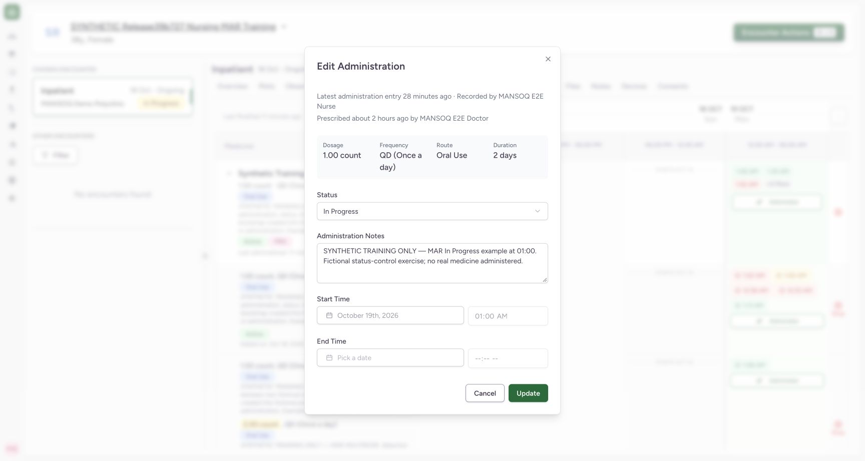 Review the existing in-progress entry before completing it. Actual MANSOQ wide desktop using a fictional training record.