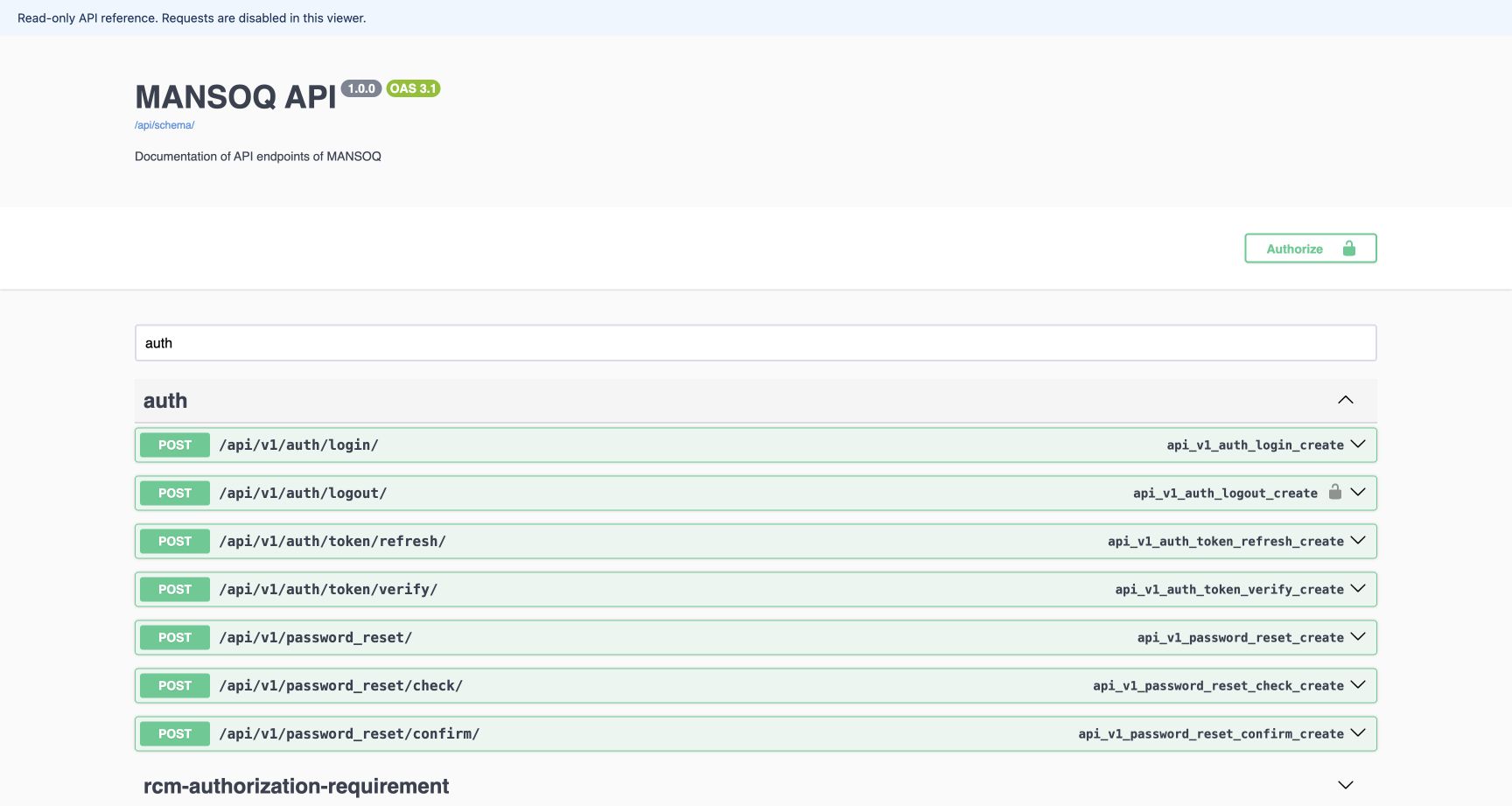 The installed read-only Swagger reader shows the separate API 1.0.0 and OAS 3.1 labels and the auth operation group. Logout has a security marker; refresh and verify are separate paths. No credentials were entered.