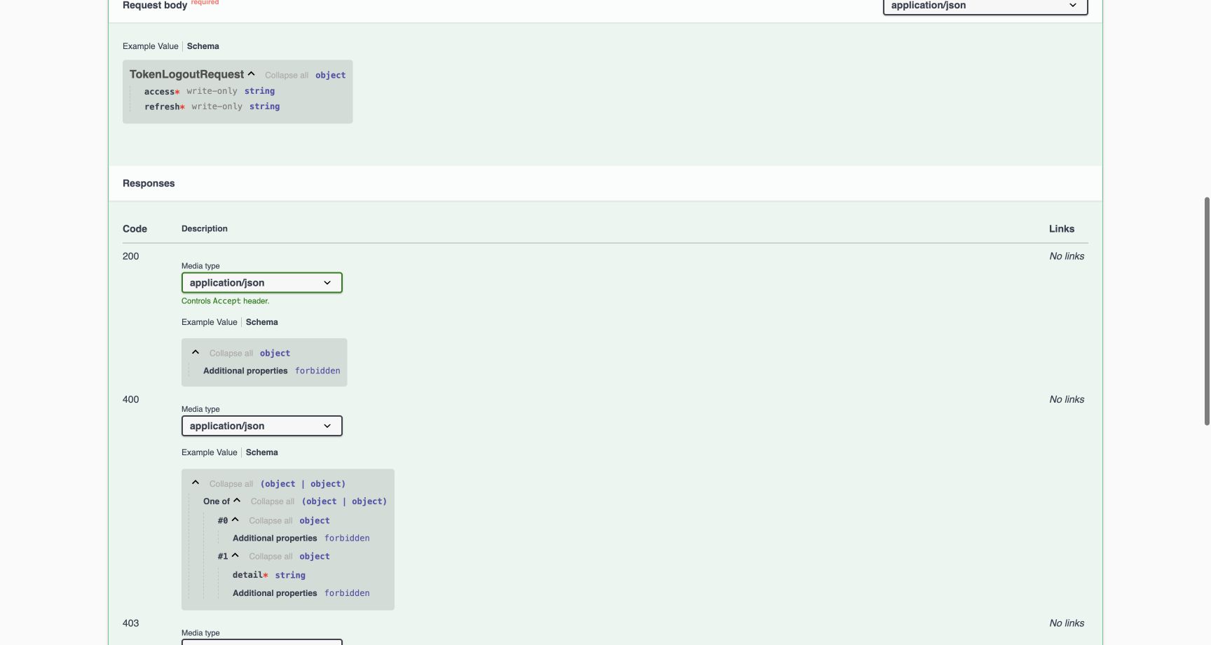 Both required logout input types are visible. HTTP 200 is an object with no properties and additional properties forbidden. The separate 400 union can also contain an empty object, so status matters.