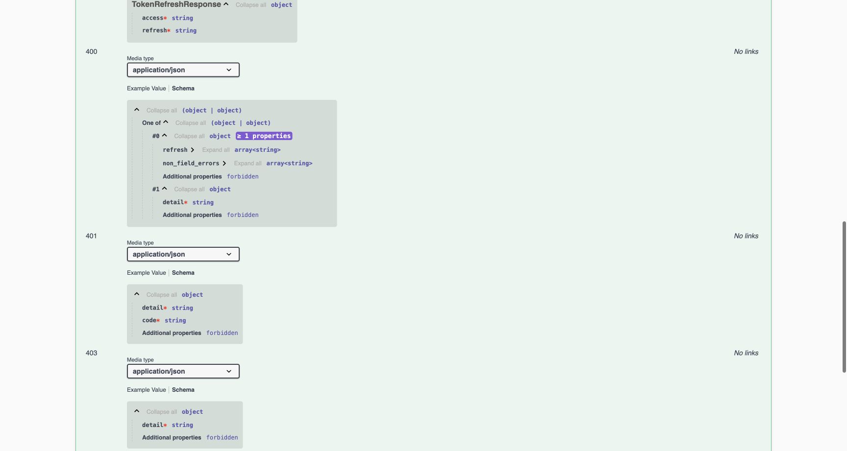 All three documented refresh refusal codes are visible: 400 with field-error/detail alternatives, 401 with detail/code strings and 403 with a detail string. The examples show types rather than actual server messages.