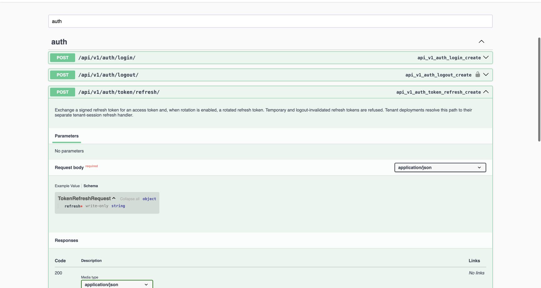 The expanded refresh operation describes signed refresh exchange, configured rotation, temporary/logout-invalidated refusals and the separate tenant-session handler. Request Schema requires one write-only refresh string.