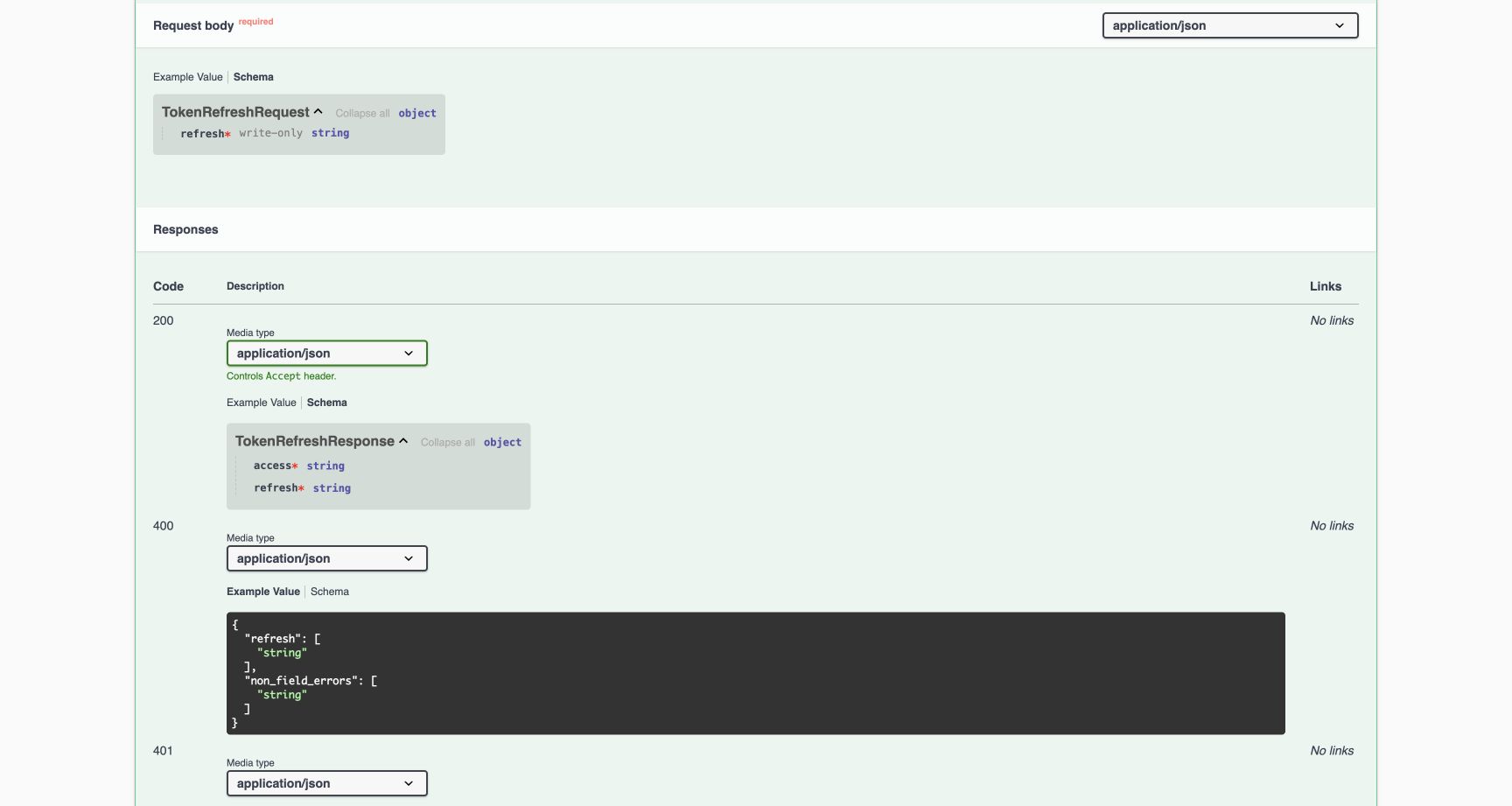 The selected base profile shows required access and refresh strings in HTTP 200 Schema, with the required write-only refresh input above. These are typed definitions, not live JWT values.
