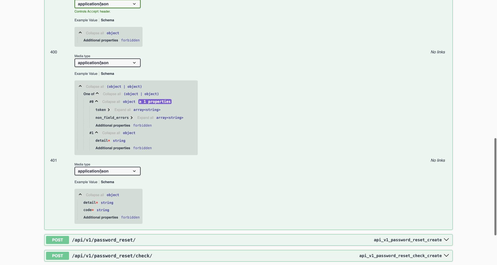 The 400 schema alternatives show token/non_field_errors arrays or required detail. The 401 schema requires detail and code. These contract definitions are separate from a live access check.