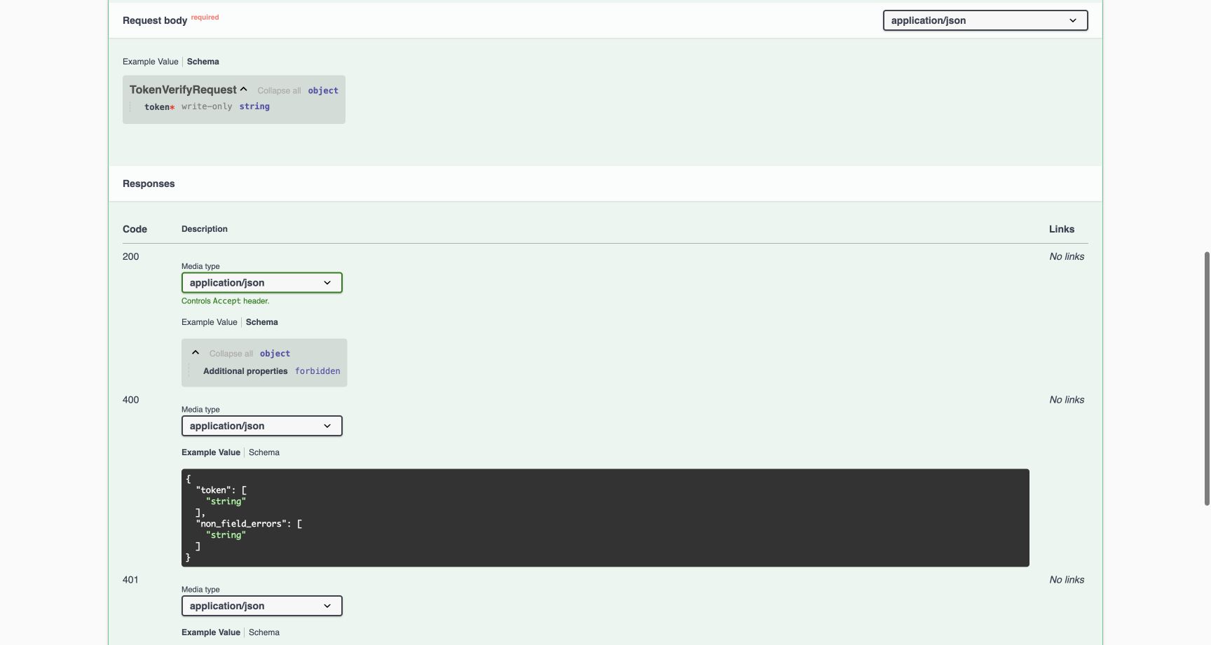 HTTP 200 Schema is an object with no defined properties and additional properties forbidden. The required token input is visible above. It does not return a token pair or permission record.