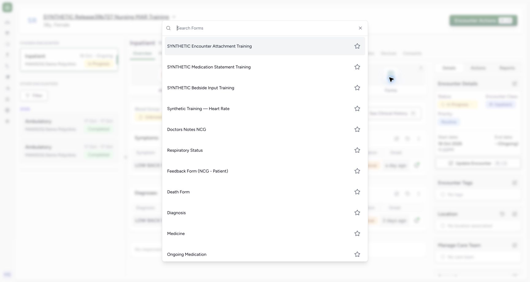 Select the Diagnosis form in the encounter’s Forms menu. Actual MANSOQ wide desktop with a fictional training case.