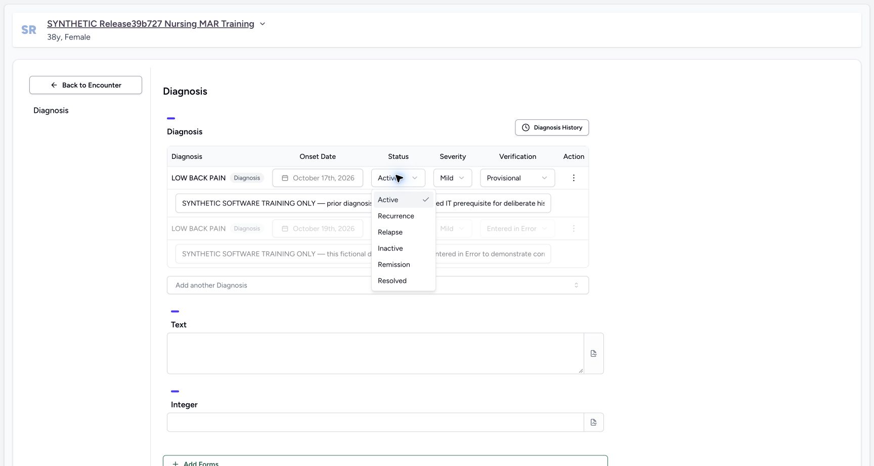 Open the editable current diagnosis row’s status choices. Actual MANSOQ wide desktop with a fictional training case.