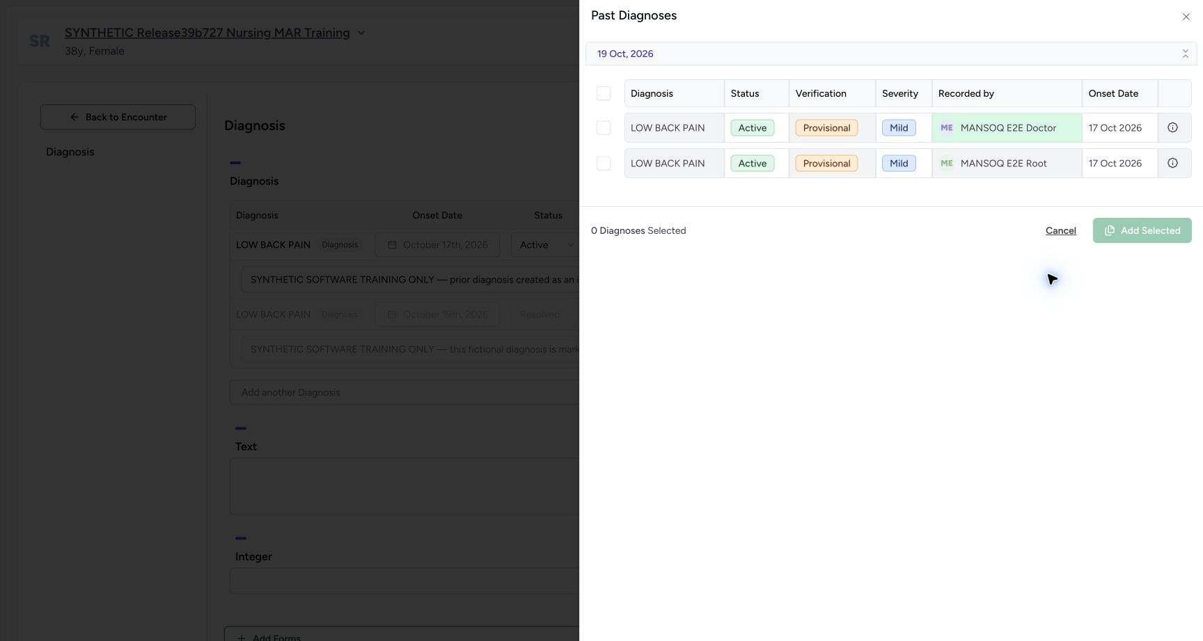 Review historical diagnosis authors and original onset. Actual MANSOQ wide desktop with a fictional training case.