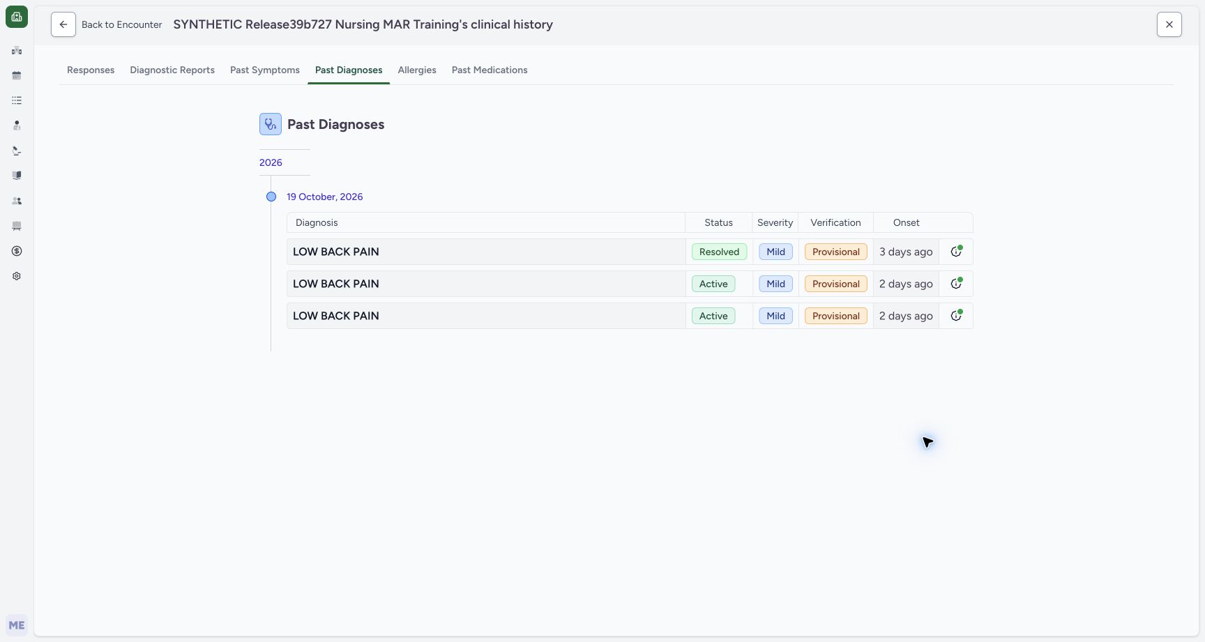Read the retained Resolved diagnosis on the timeline. Actual MANSOQ wide desktop with a fictional training case.