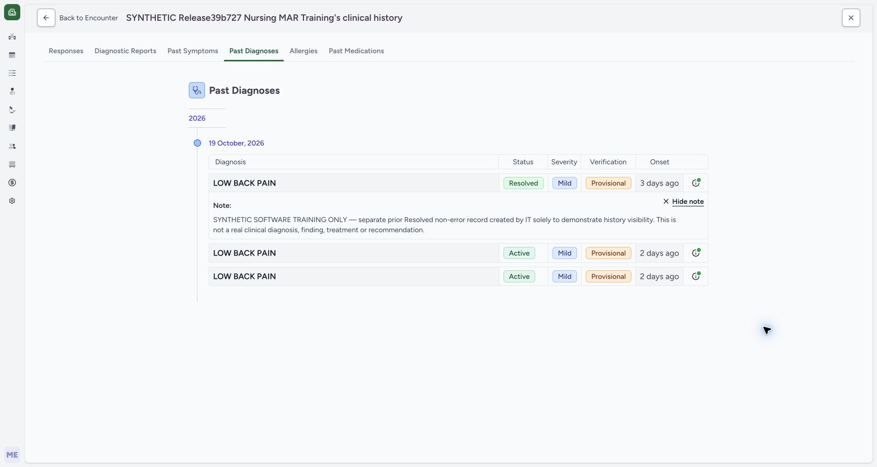 Read the retained resolved-history training note. Actual MANSOQ wide desktop with a fictional training case.