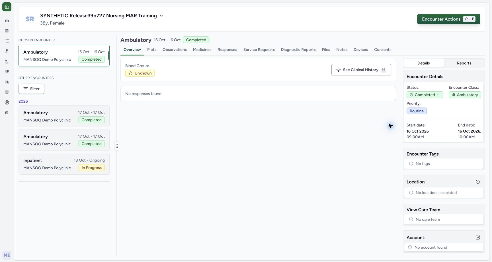 Verify the diagnosis record’s completed source encounter. Actual MANSOQ wide desktop with a fictional training case.
