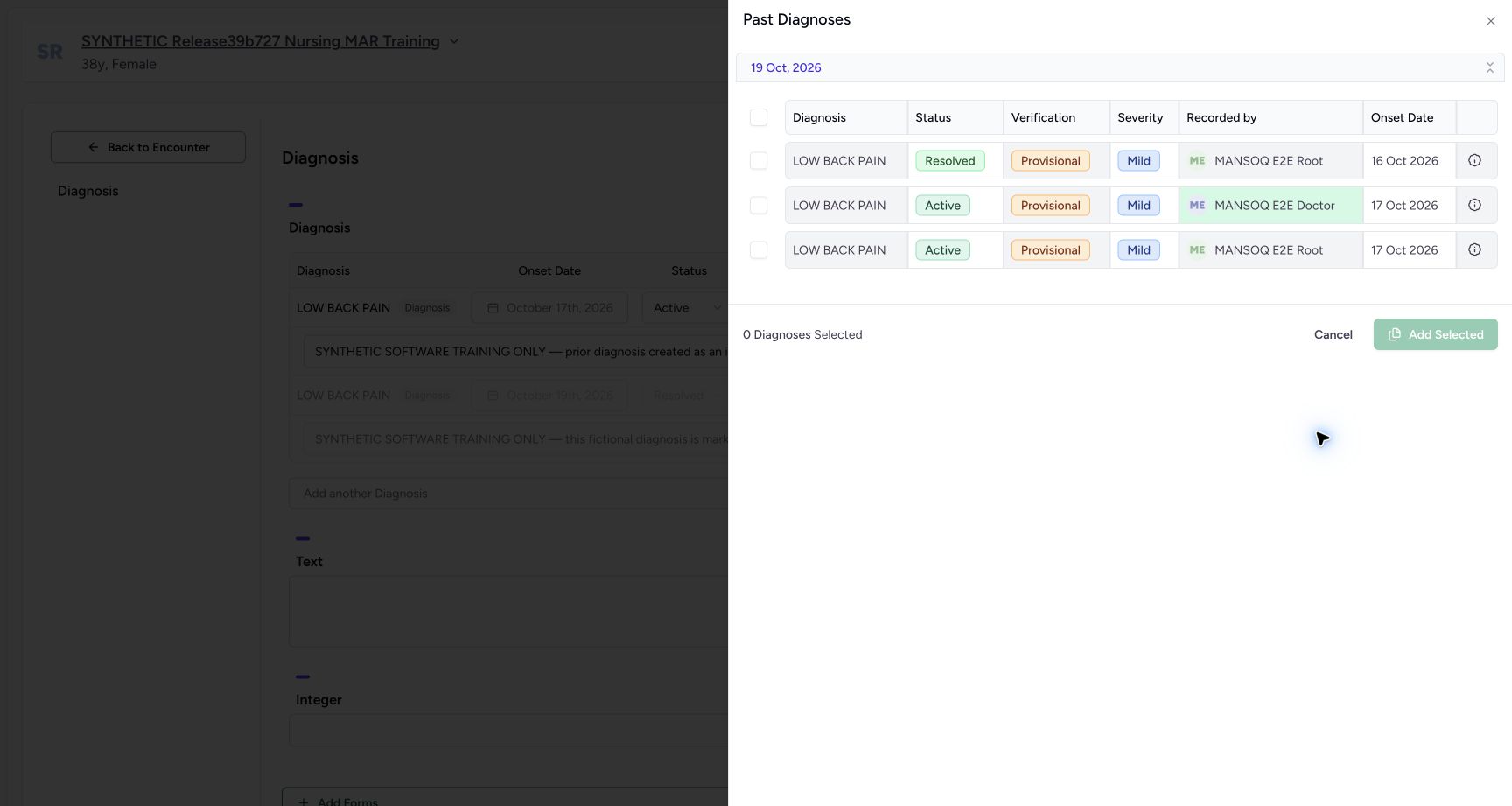 Read the resolved prior record in the current form’s history selector. Actual MANSOQ wide desktop with a fictional training case.
