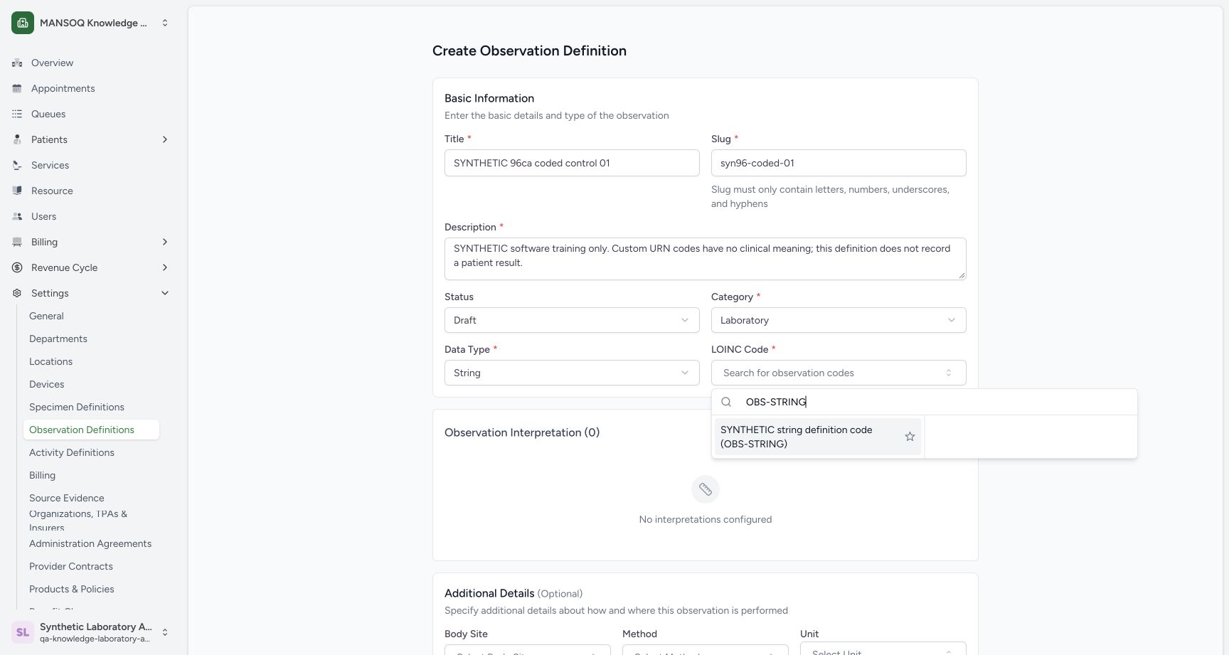 Select the synthetic observation code. Actual fictional Laboratory Facility Admin session on committed 96ca source.