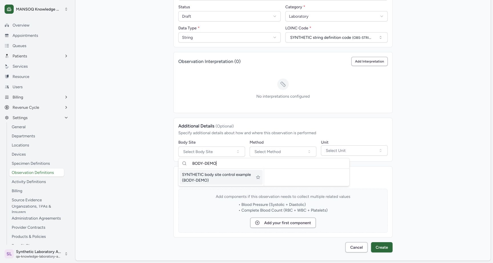 Select the local Body Site example. Actual fictional Laboratory Facility Admin session on committed 96ca source.