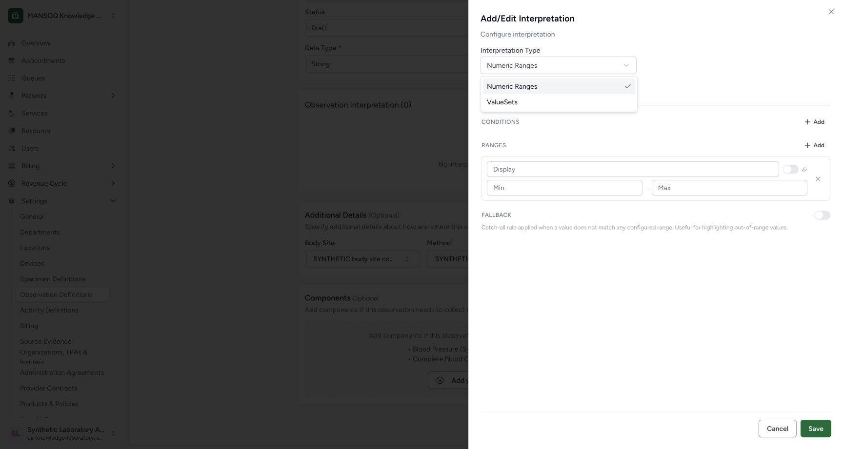 Choose ValueSets interpretation mode. Actual fictional Laboratory Facility Admin session on committed 96ca source.