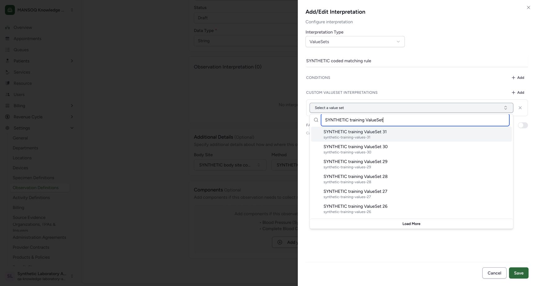 Search ValueSets and load another page. Actual fictional Laboratory Facility Admin session on committed 96ca source.