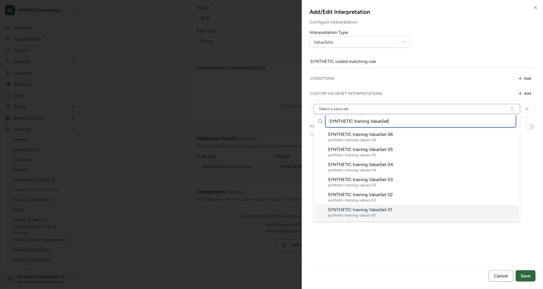 Select the final loaded ValueSet. Actual fictional Laboratory Facility Admin session on committed 96ca source.