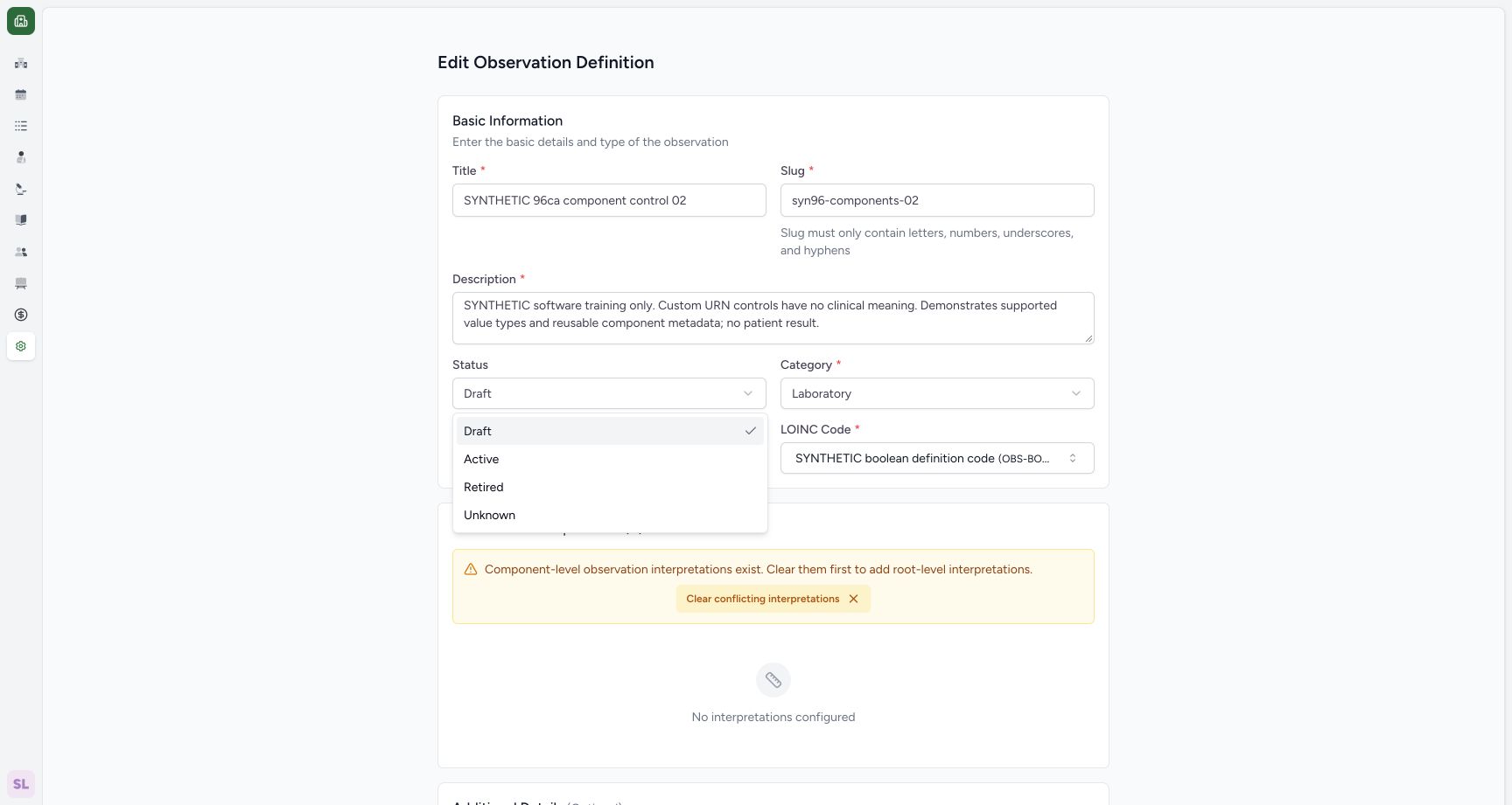select active status. Actual fictional Laboratory Facility Admin session on exact 96ca source.