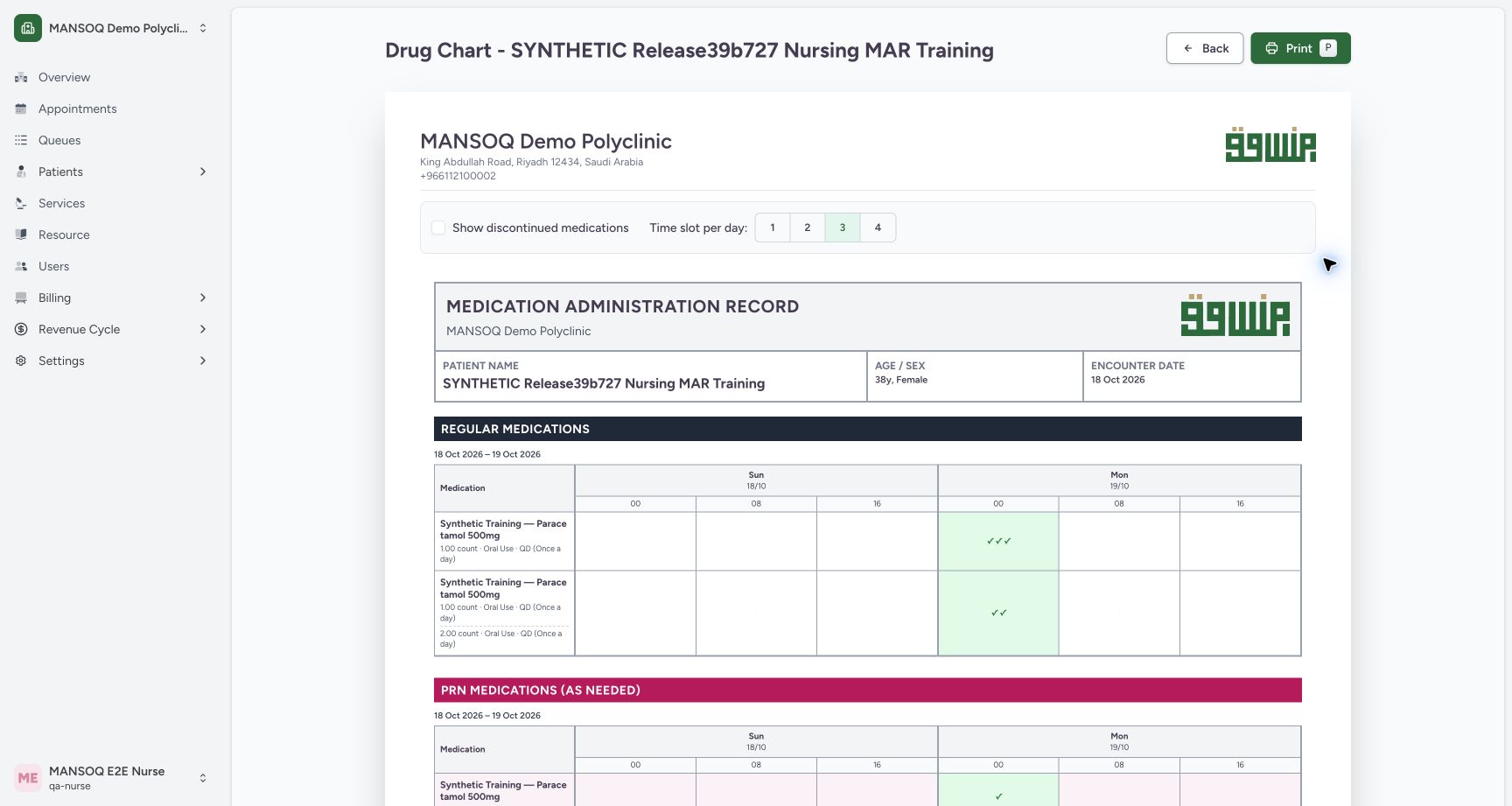 Use three eight-hour chart intervals. Actual MANSOQ wide desktop with a fictional training case.