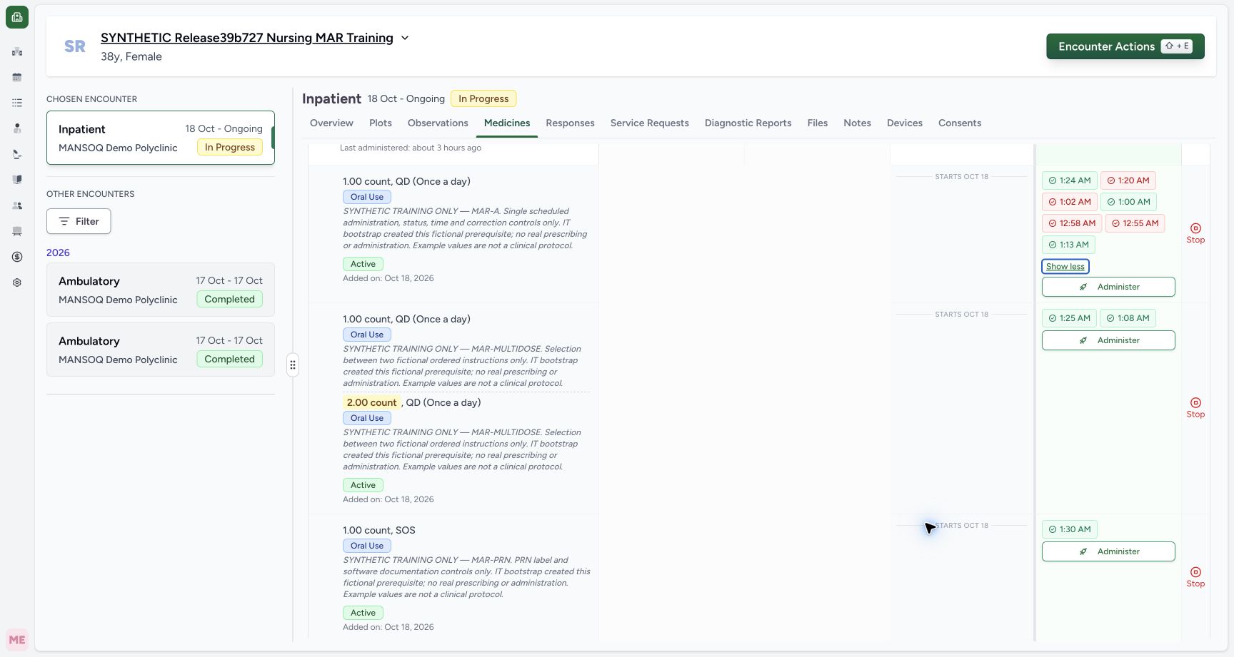Review all seven events on one scheduled request. Actual MANSOQ wide desktop with a fictional training case.