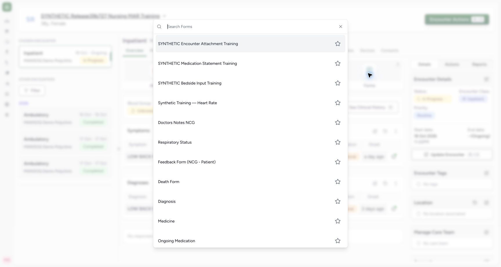 Select the configured synthetic Heart Rate form. Actual MANSOQ wide desktop with a fictional training case.