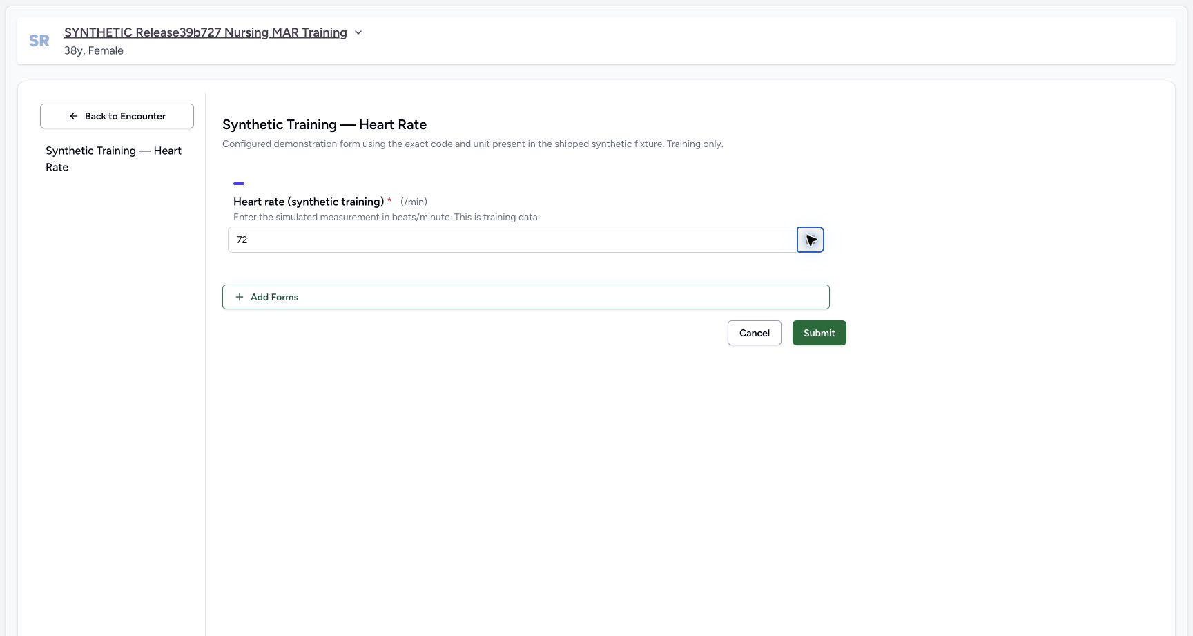 Submit the reviewed synthetic observation. Actual MANSOQ wide desktop with a fictional training case.